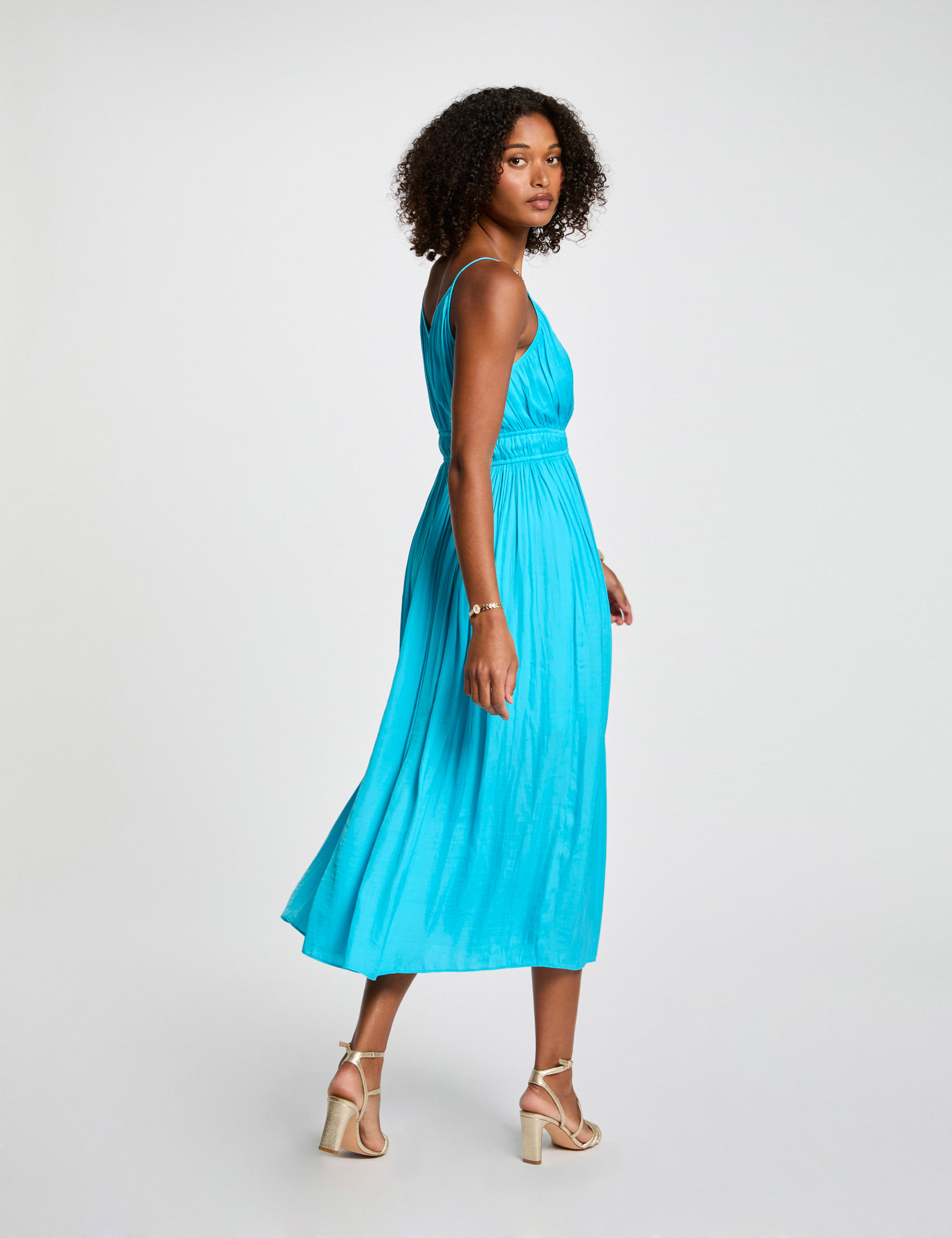 Pleated straight midi dress sky blue women