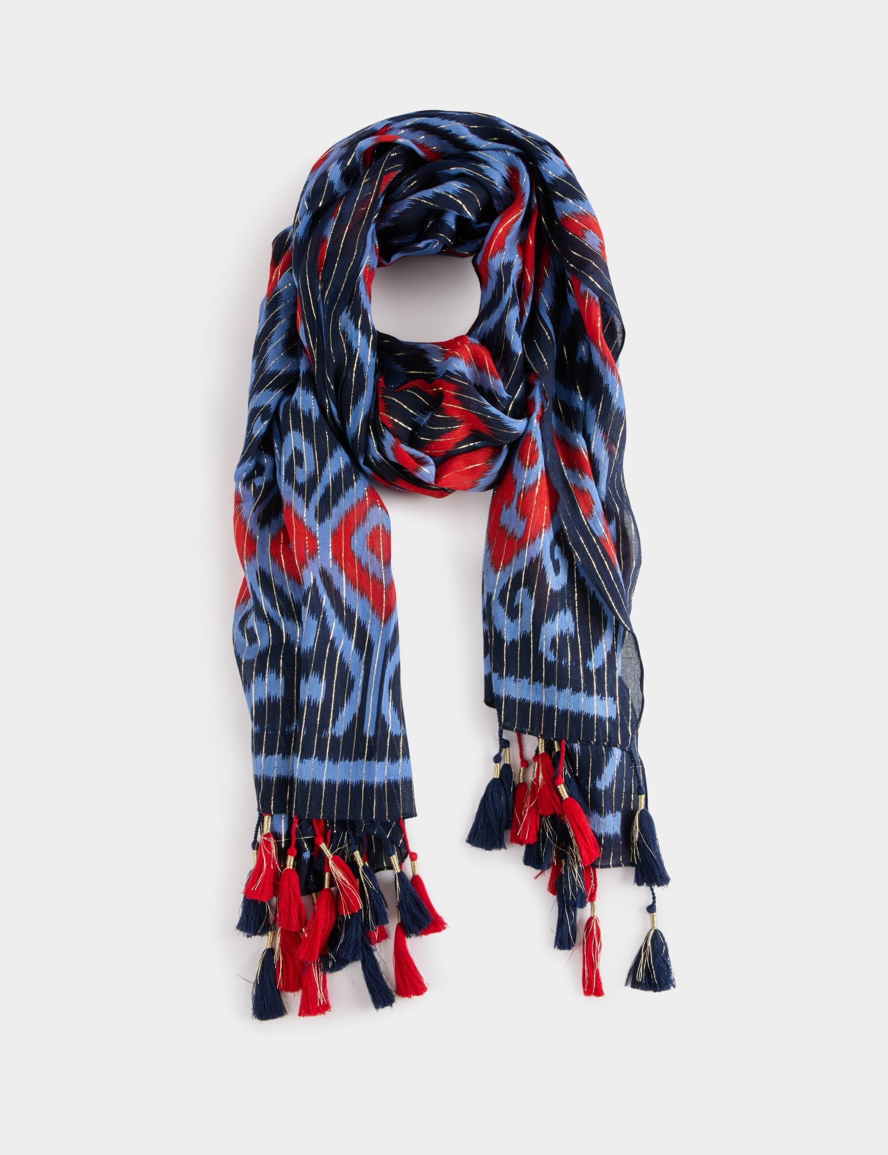 printed scarf with pom poms multicolor women Printed scarf with pom-poms multicolor women