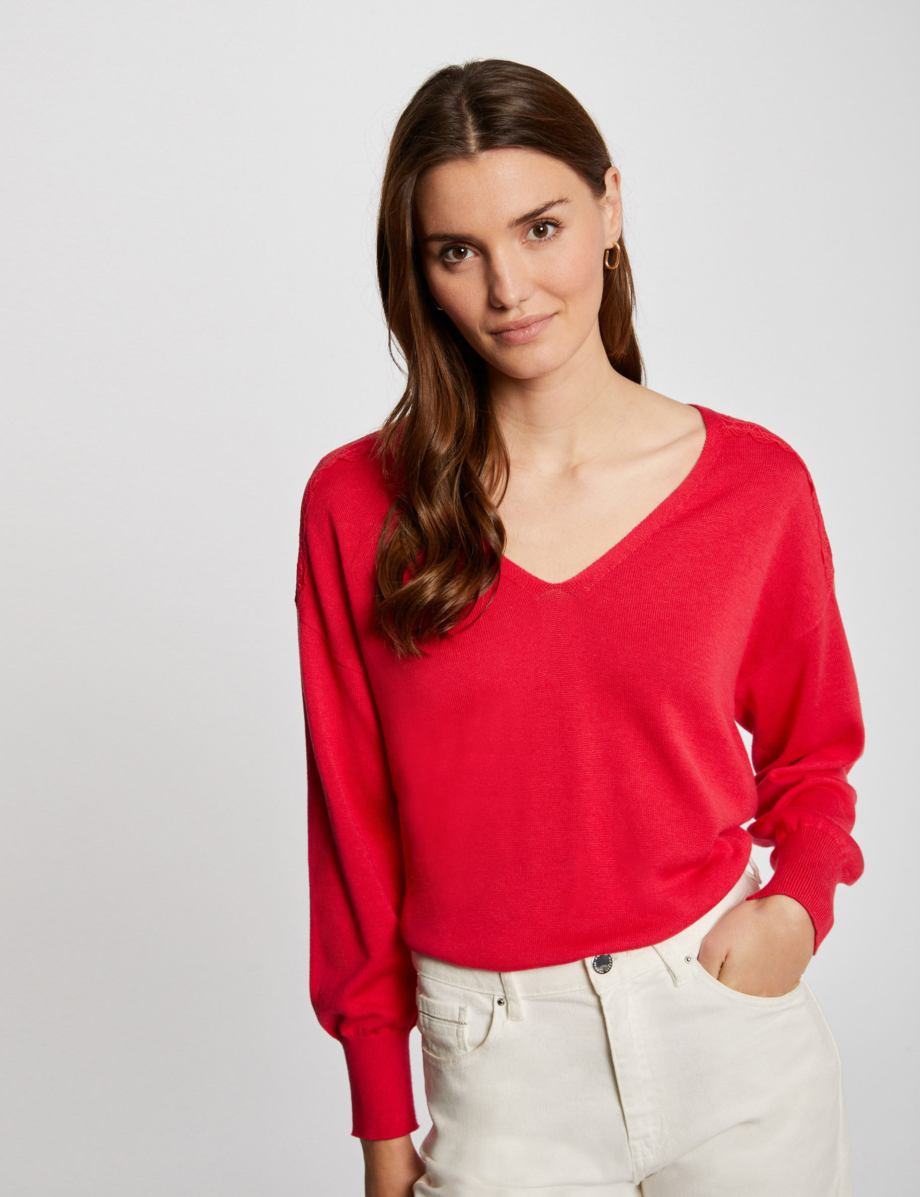 Jumper V-neck and long sleeves medium red ladies'