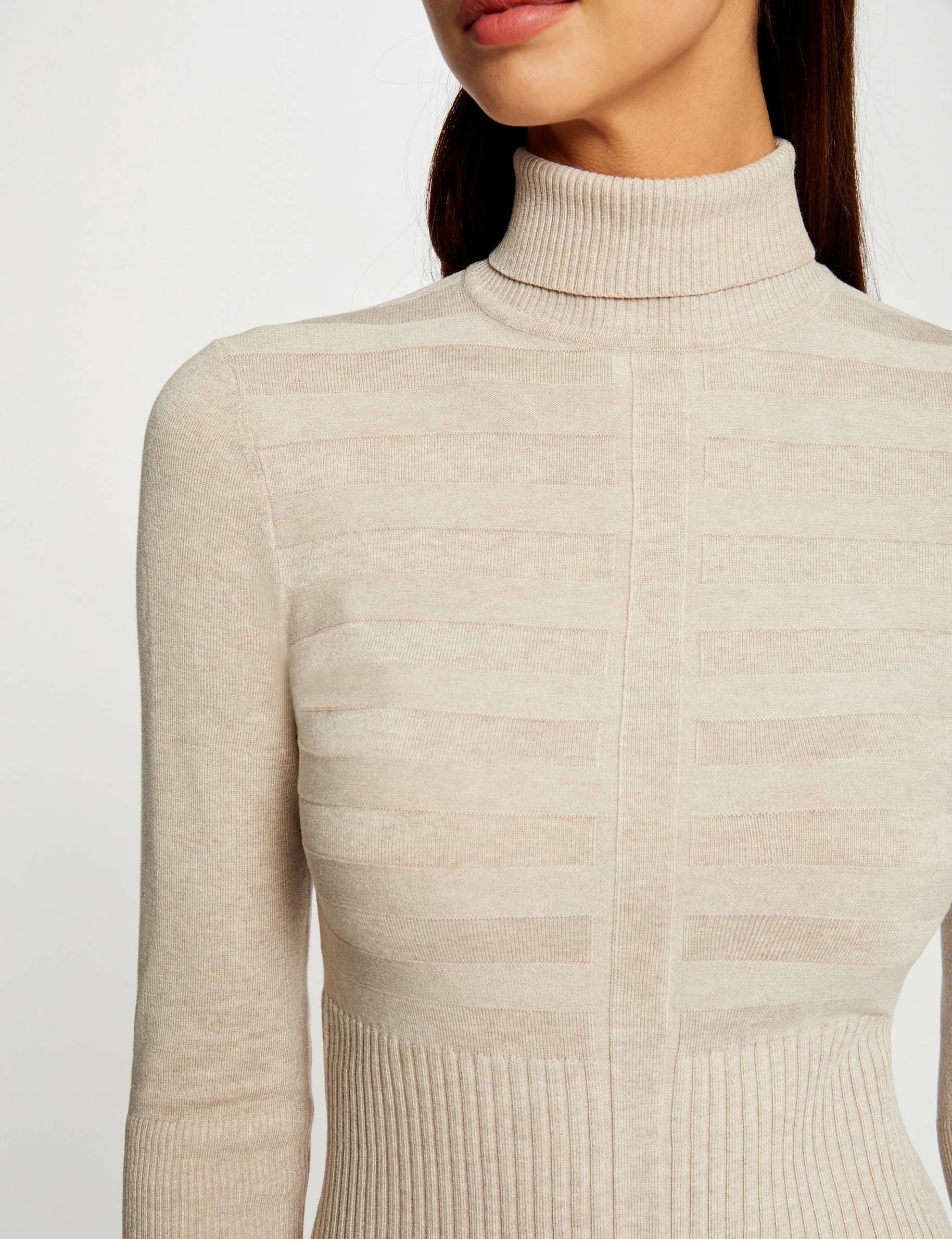 Knitted fitted dress with turtleneck sand women