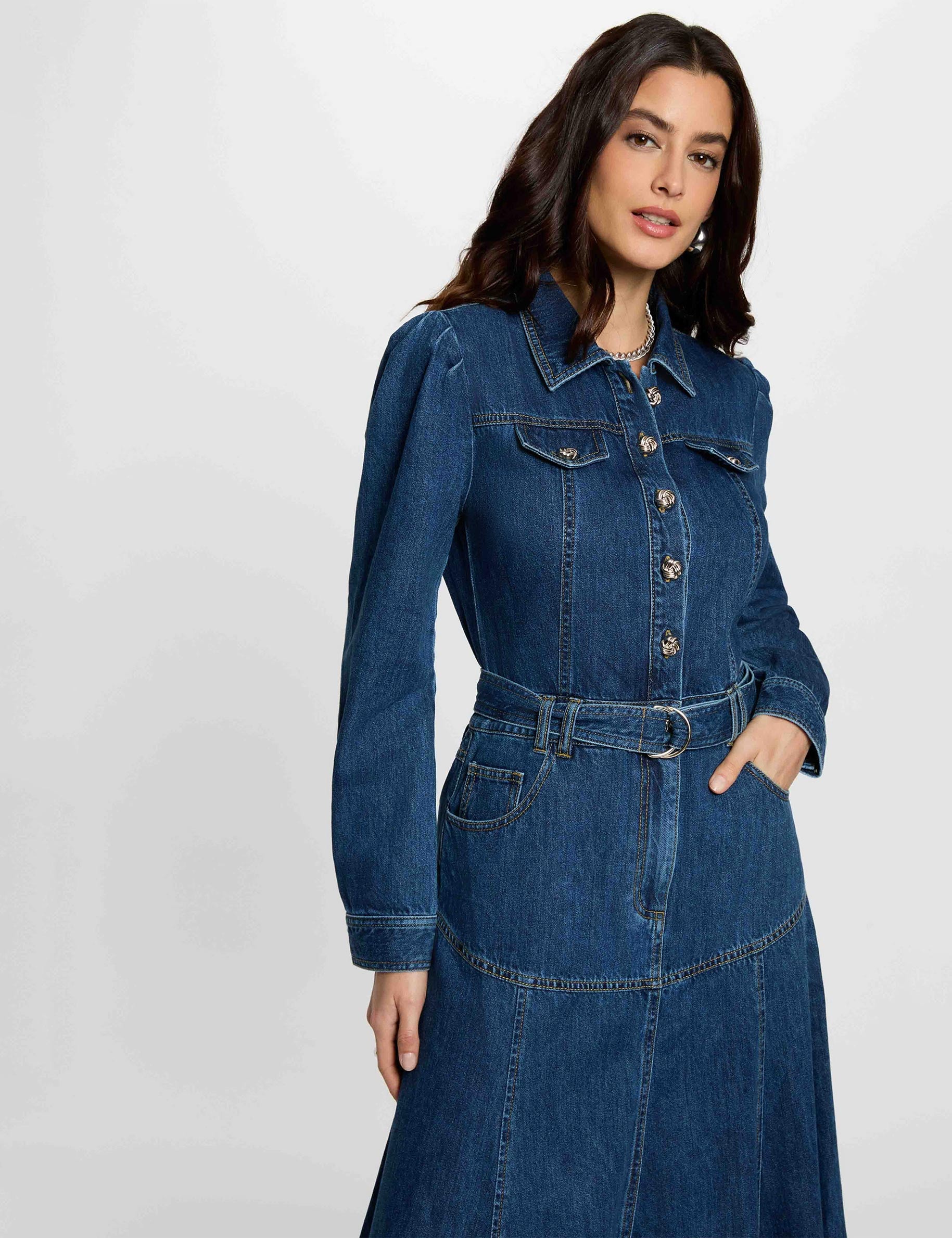 Fitted long dress raw denim women