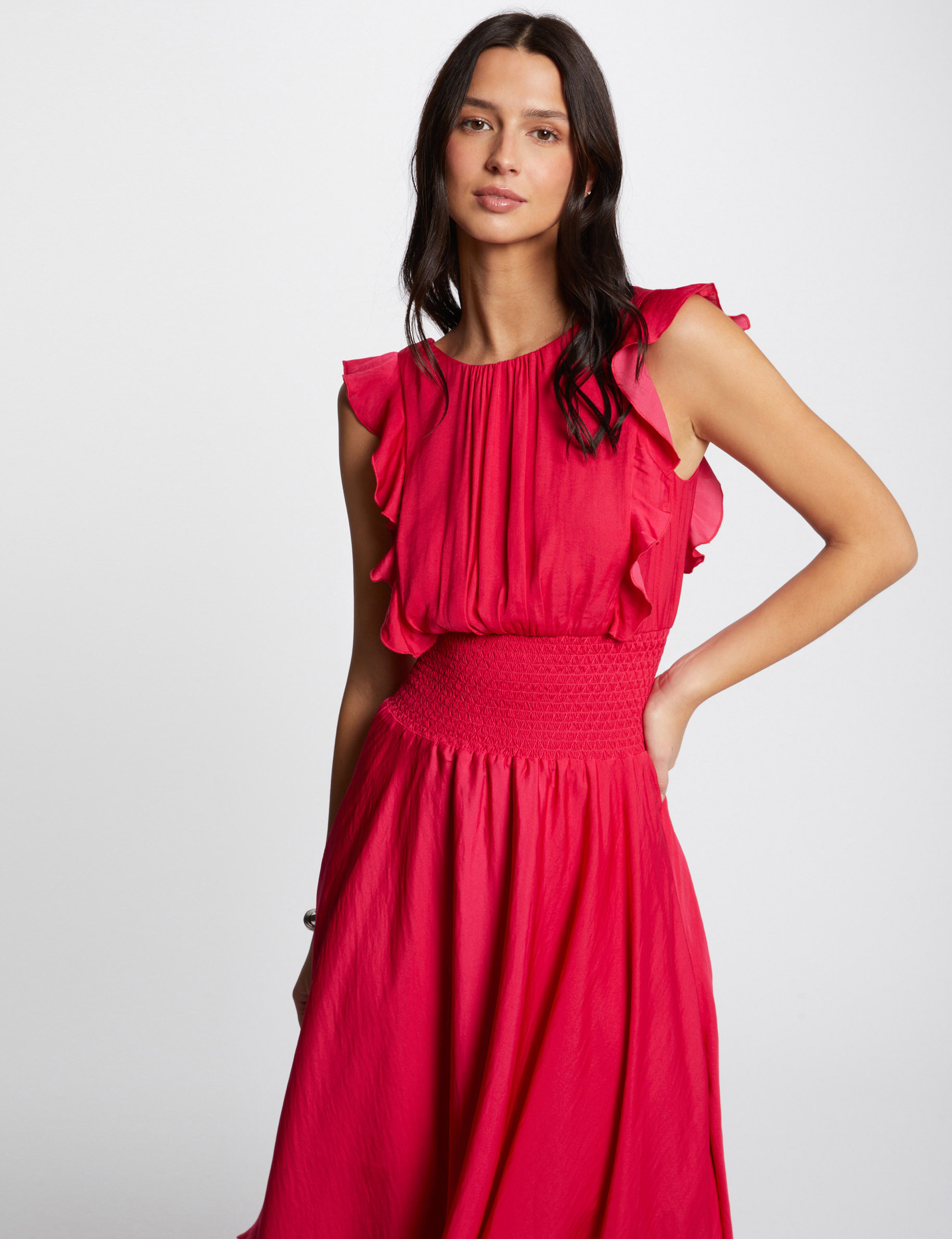 Maxi A-line dress with smocked waist raspberry ladies'