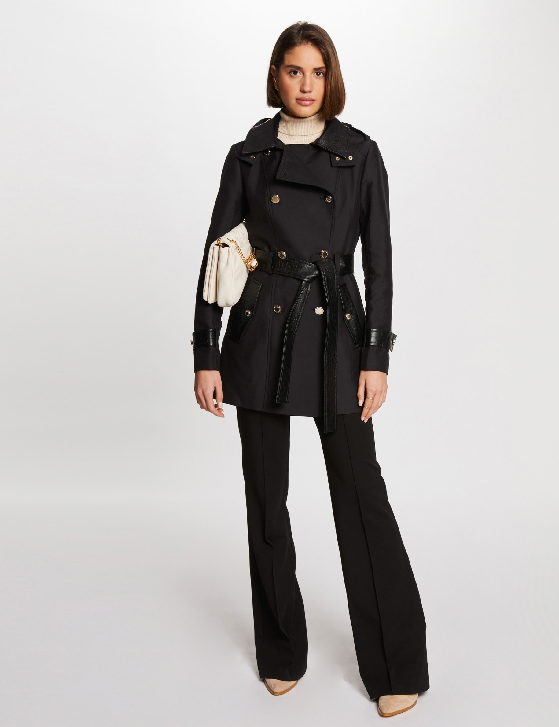 trenchcoat faux leather detail black women Trenchcoat faux leather detail black women