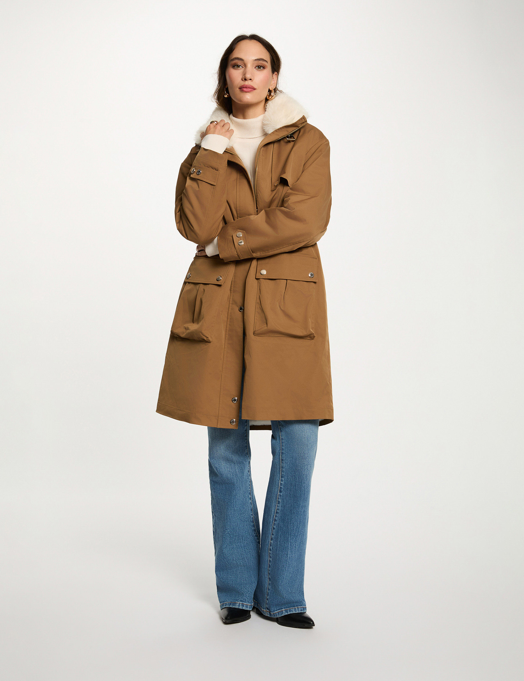Long adjustable parka camel women