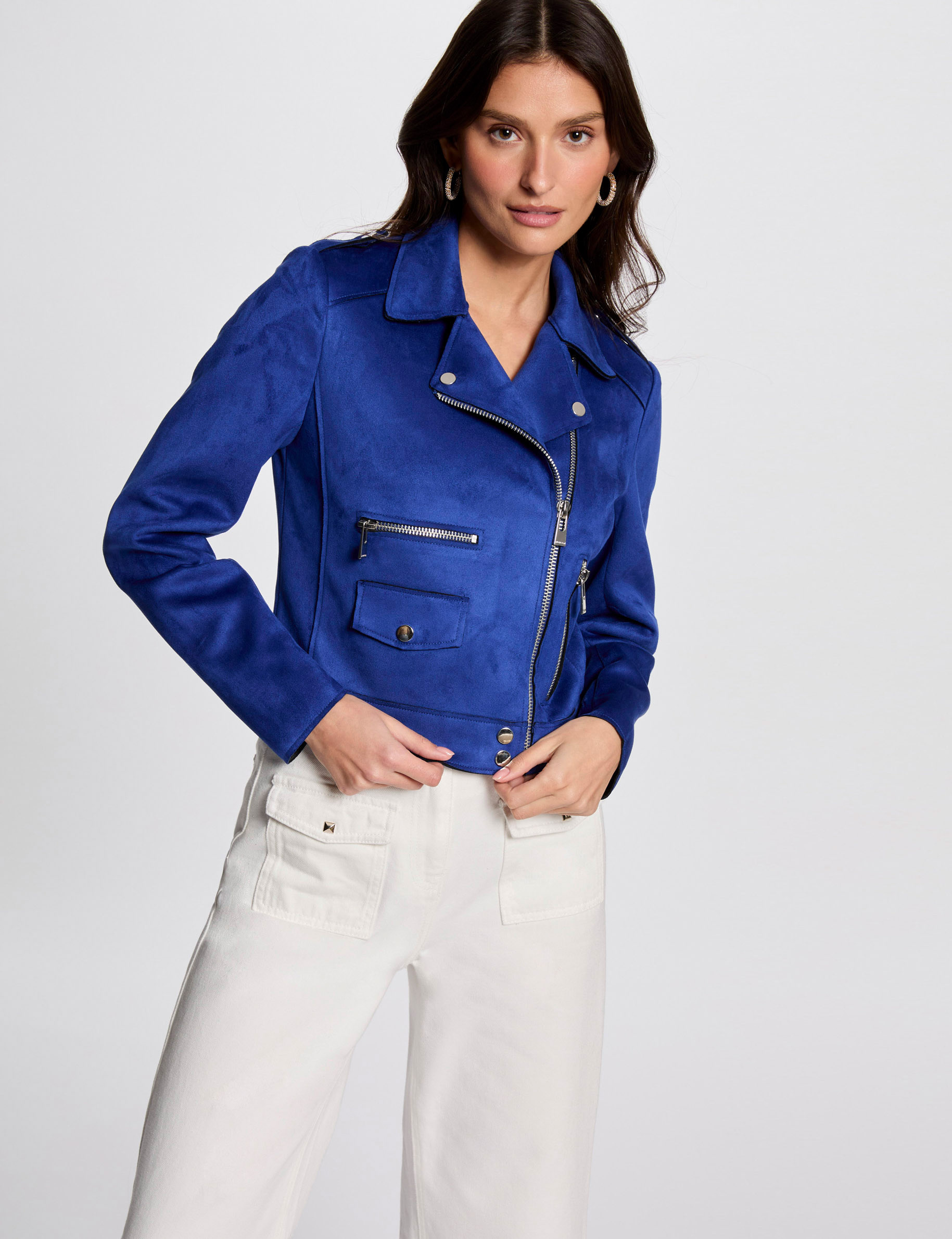zipped short suede jacket electric blue women Zipped short suede jacket electric blue women