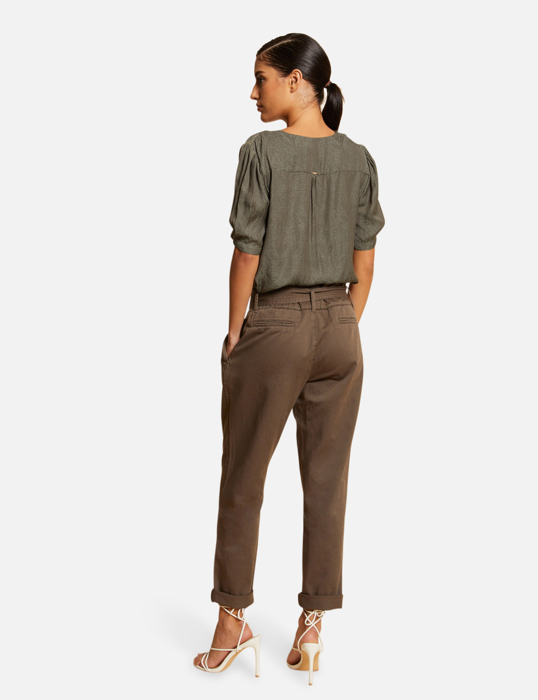 Printed short-sleeved blouse khaki green ladies'
