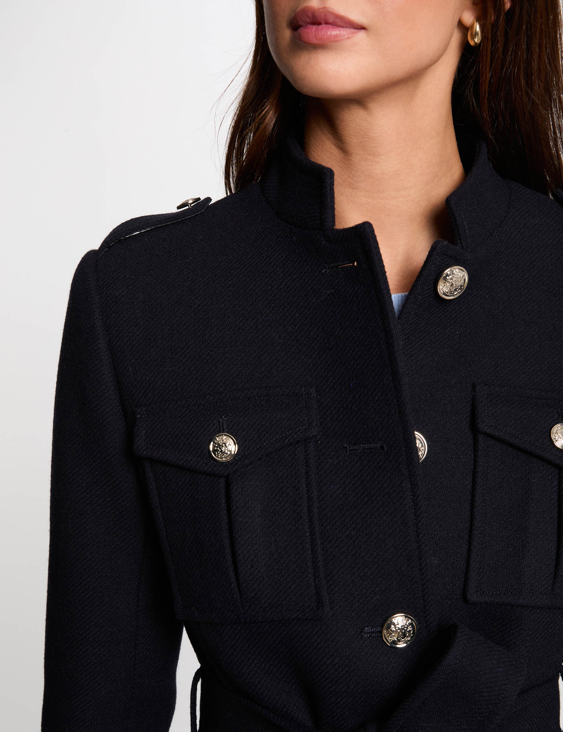 belted long coat navy blue women Belted long coat navy blue women