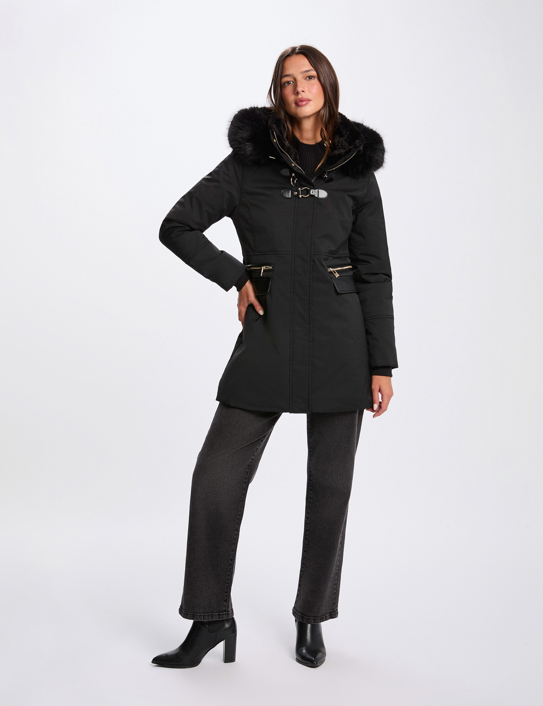 Straight mid-length parka black women