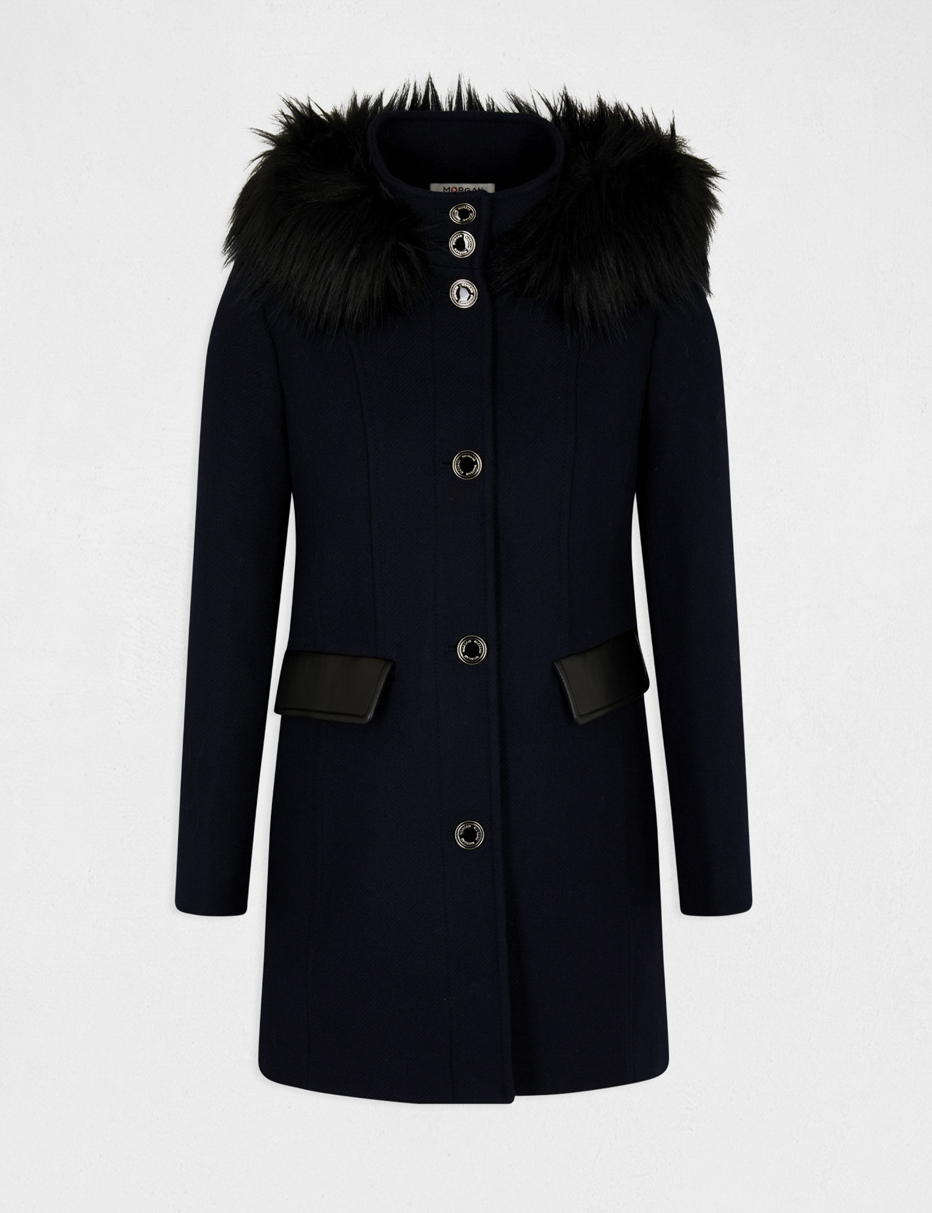 Long coat faux leather details navy ladies Morgan