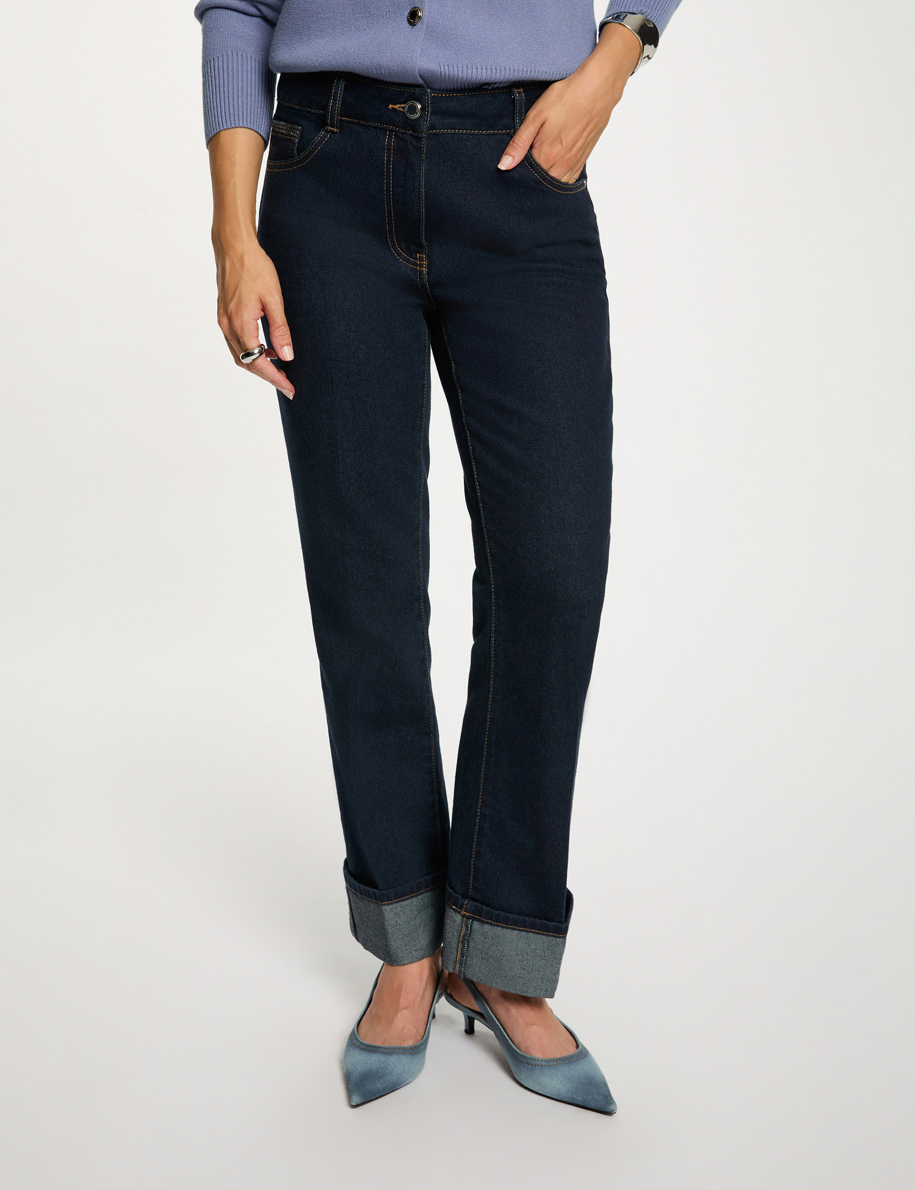 Straight jeans with rhinestones raw denim women
