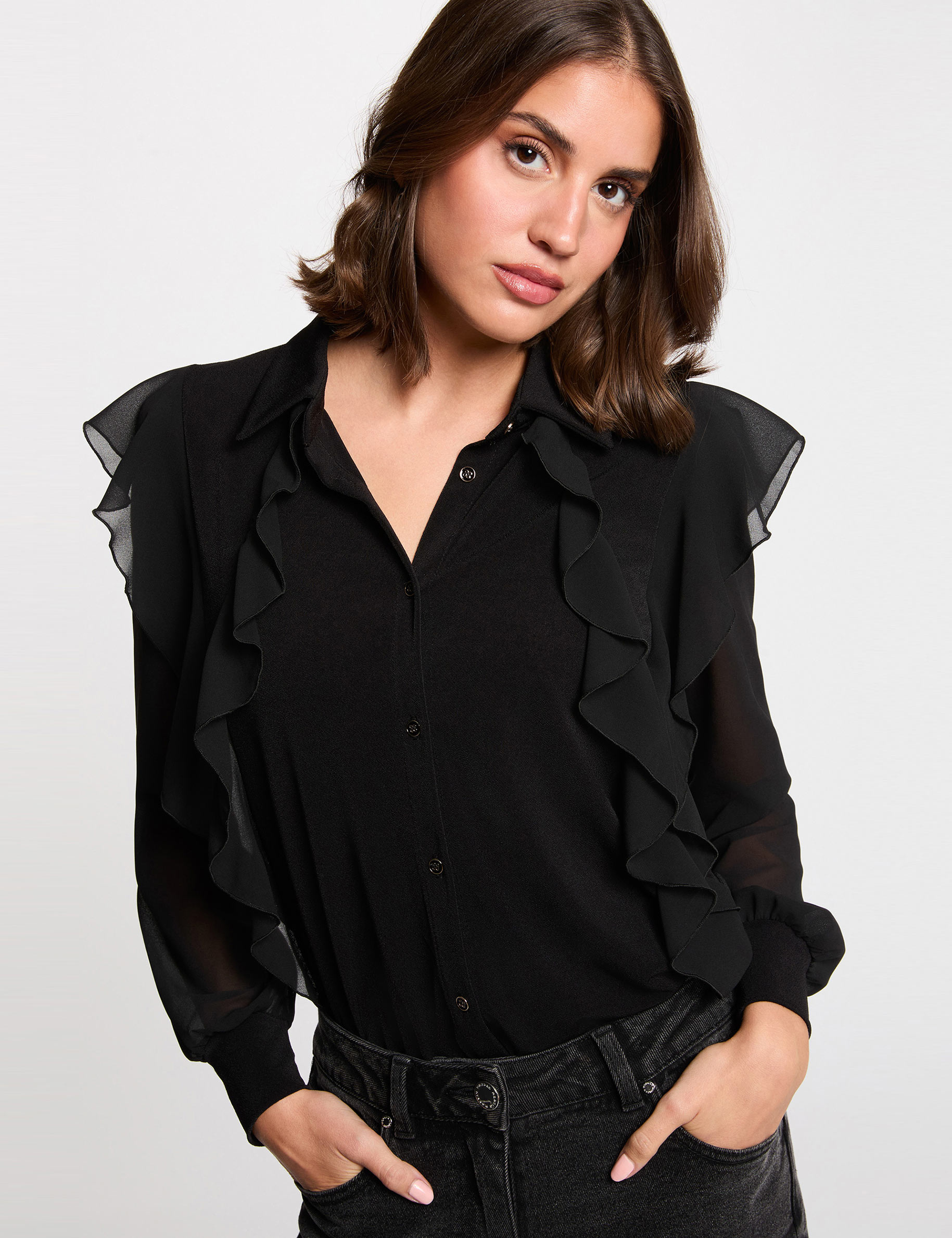 buttoned voile t shirt black women Buttoned voile t-shirt black women