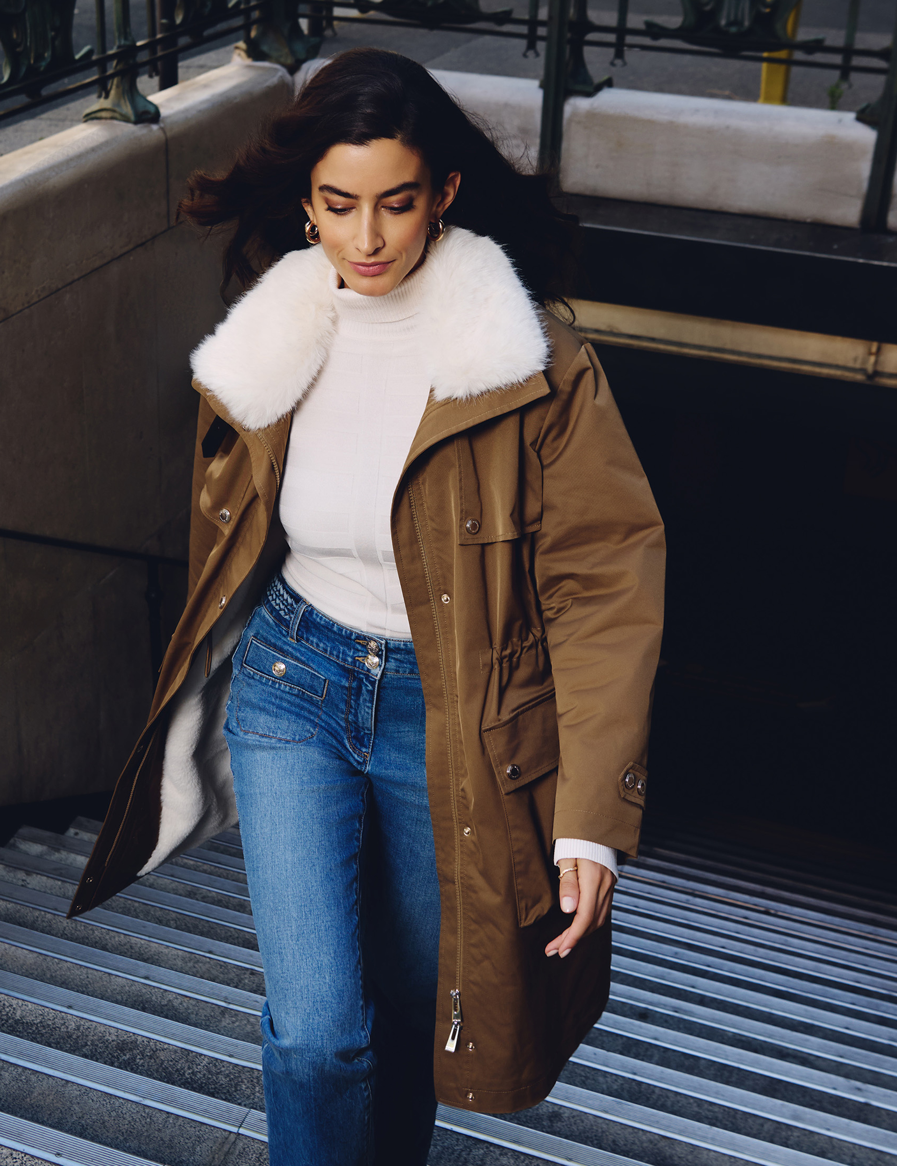Long adjustable parka camel women