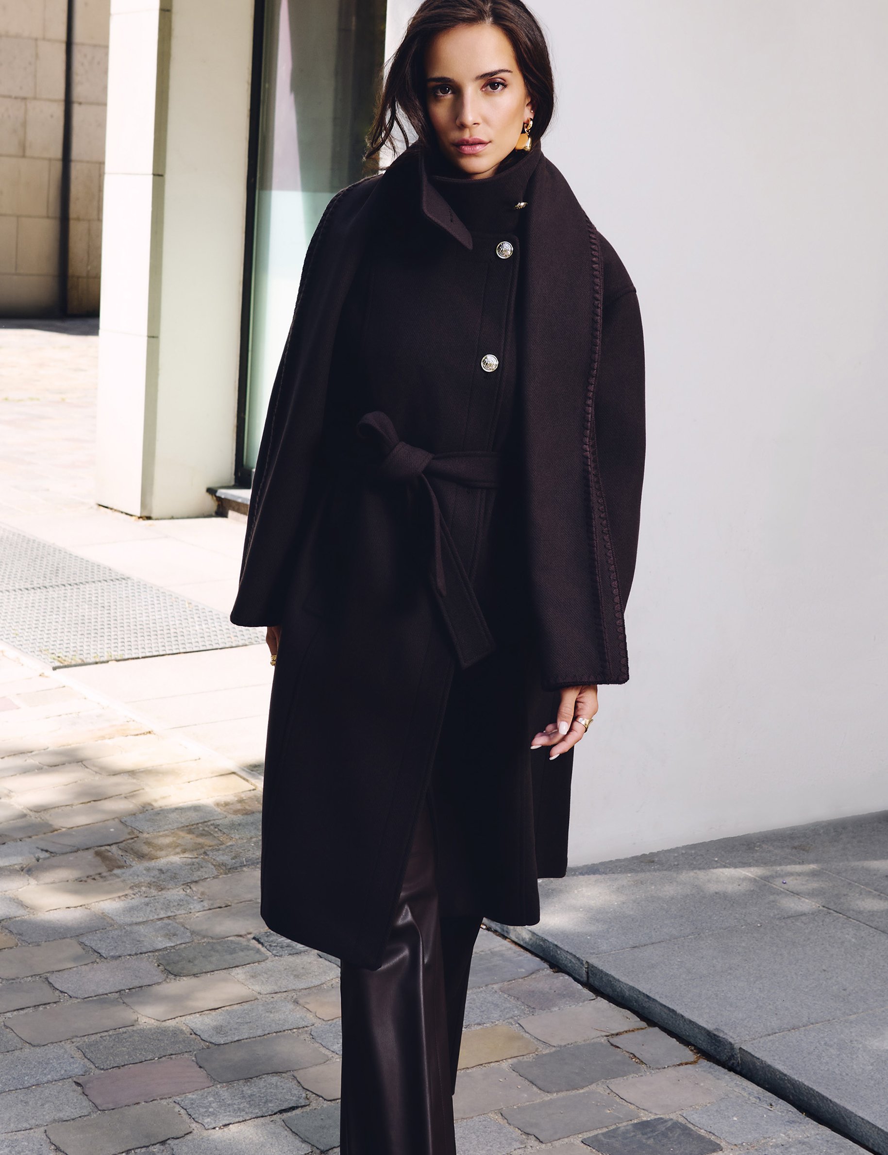 Long coat with high neck dark brown women