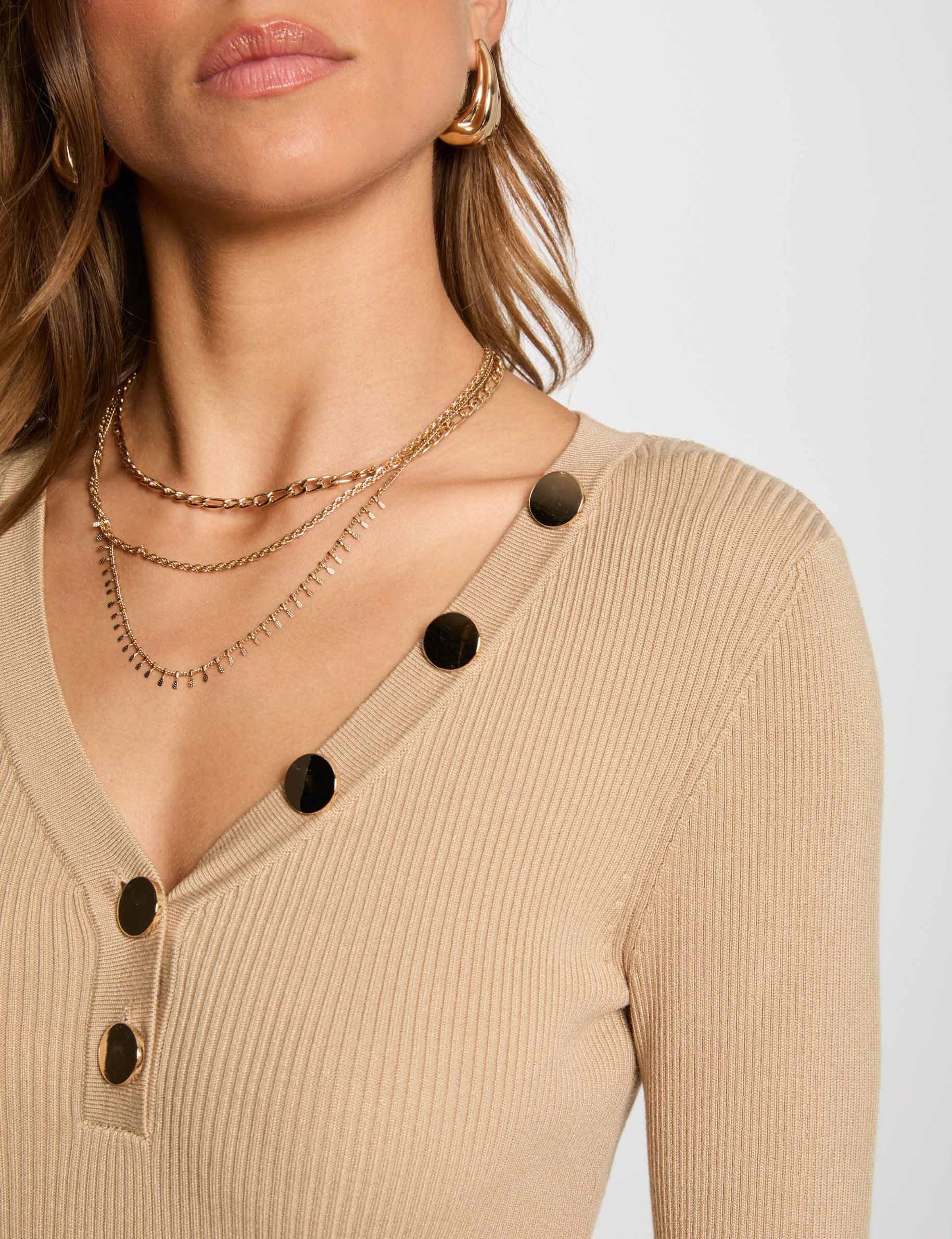 long sleeved jumper buttons fine knit light brown women Long-sleeved jumper buttons fine knit light brown women
