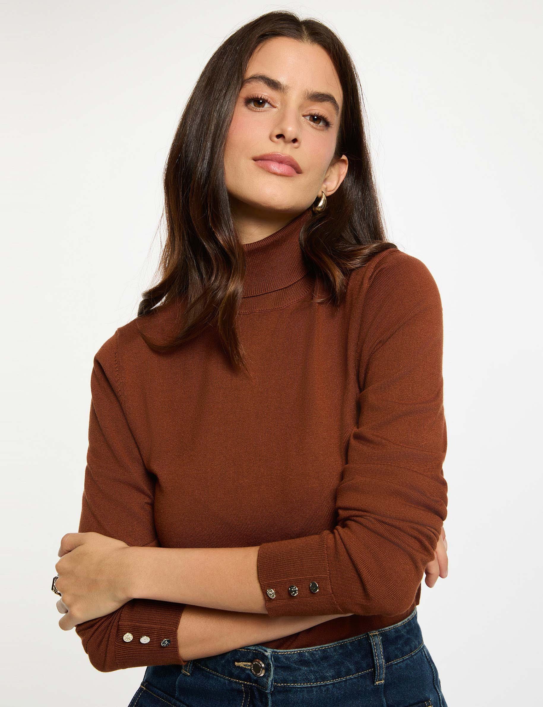 High neck sweater cognac brown women
