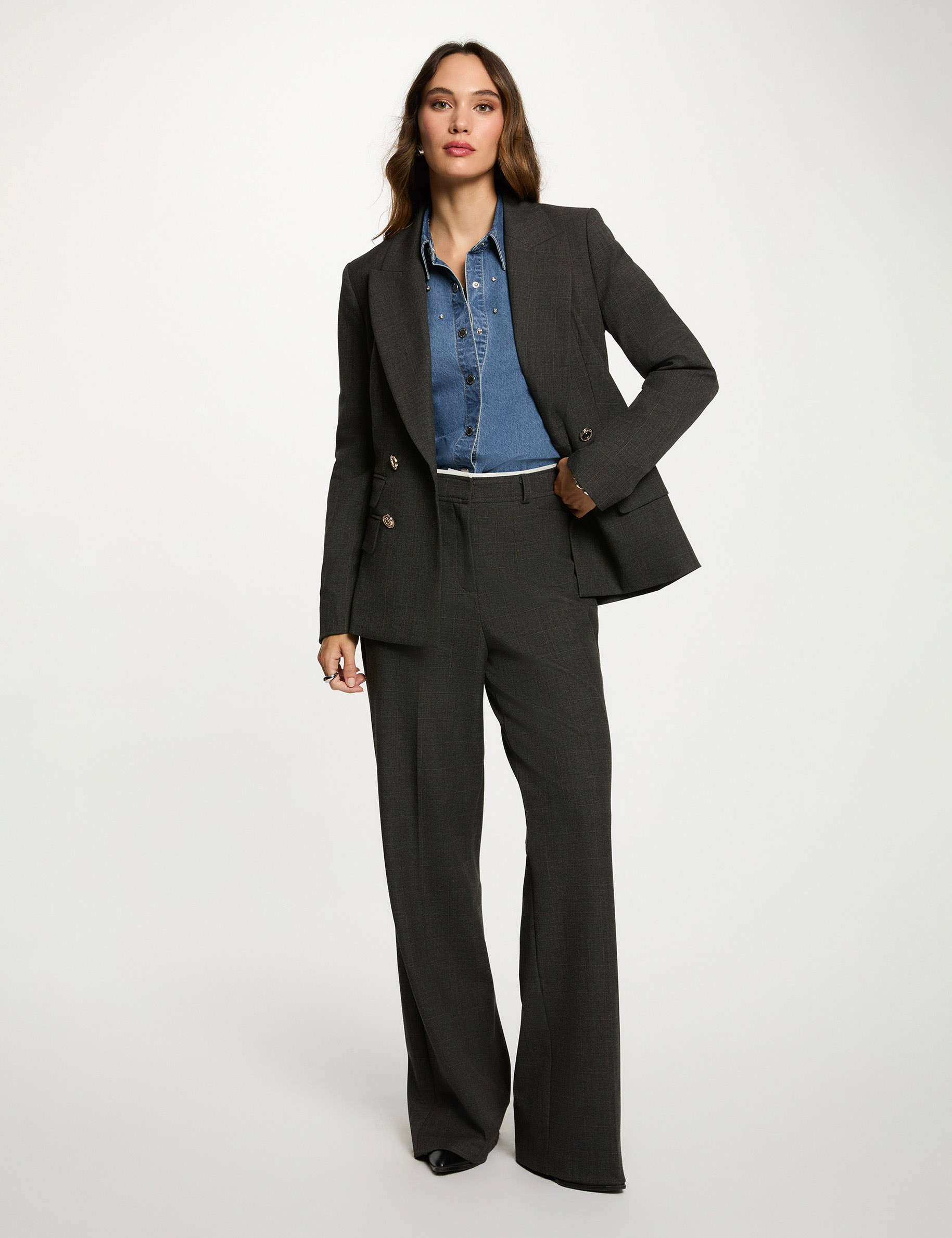 checked straight cut blazer mid grey women Checked straight-cut blazer mid-grey women