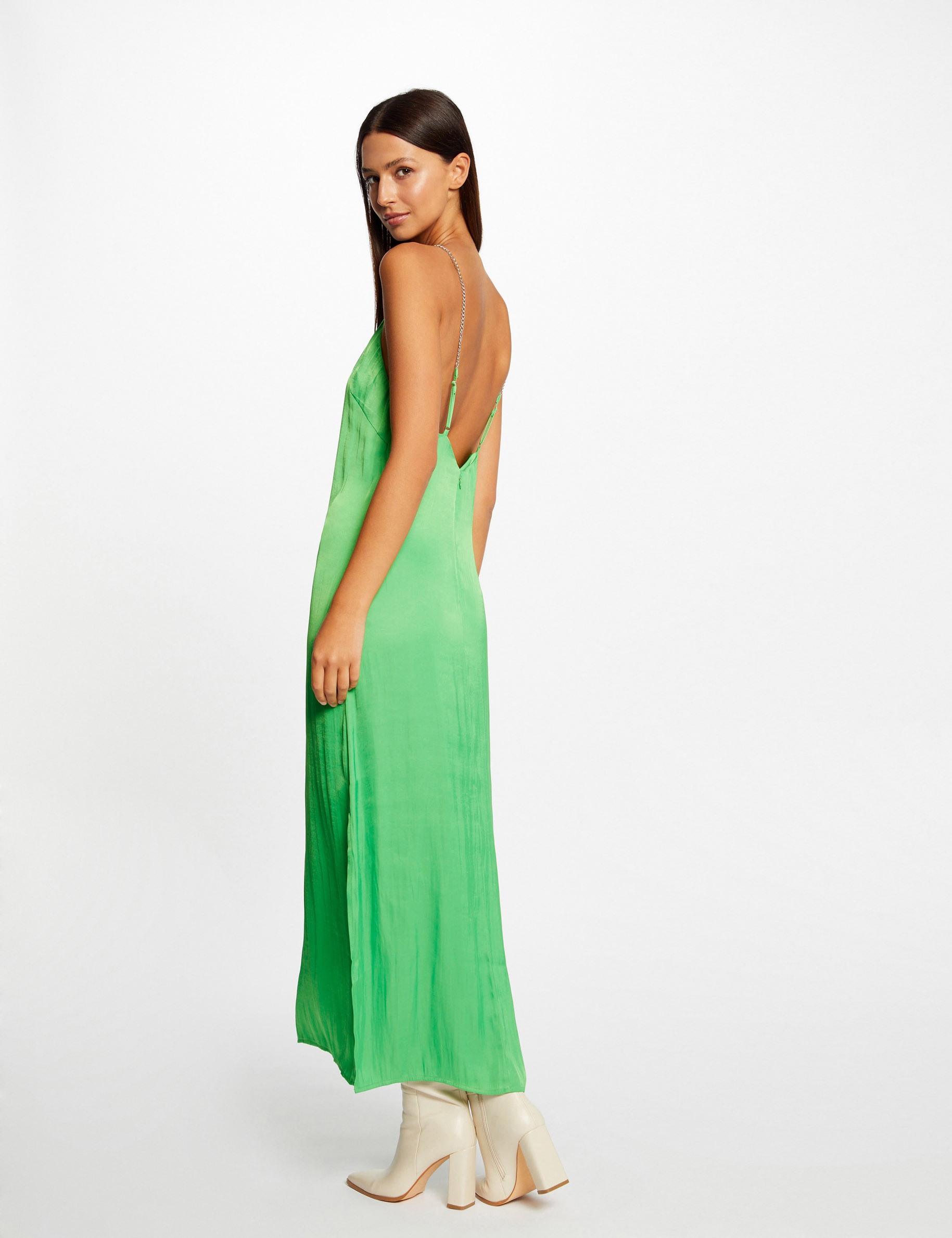 Maxi A-line satin dress with slit light green ladies'