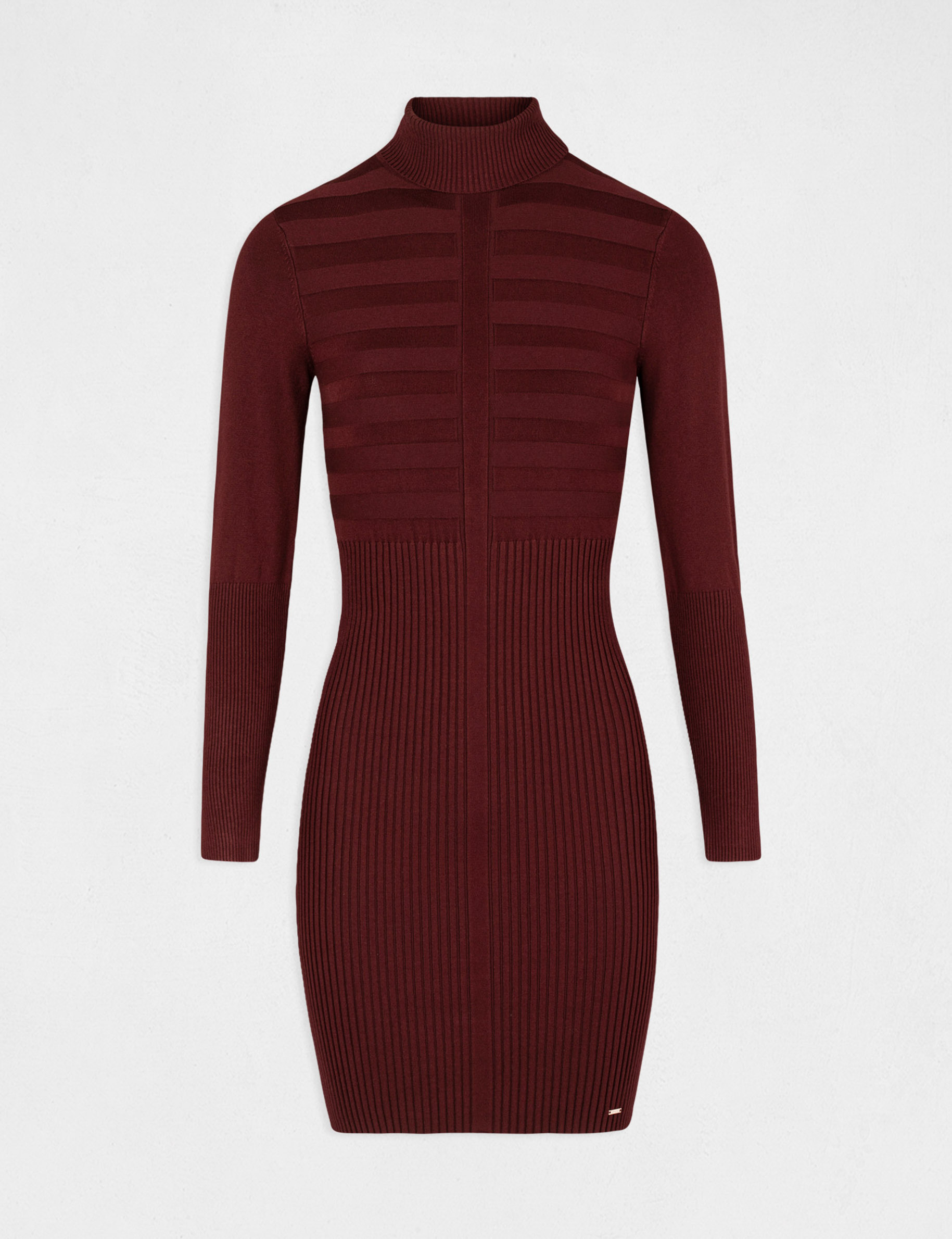 Knitted fitted dress with turtleneck dark purple women