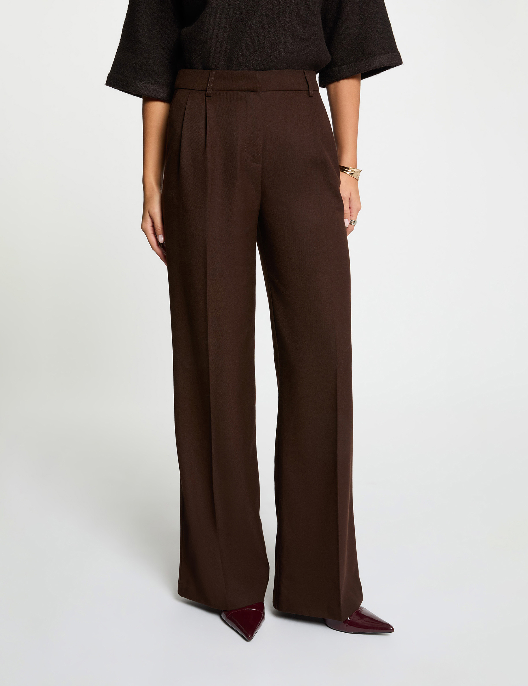 high waisted wide leg trousers dark brown women High-waisted wide-leg trousers dark brown women