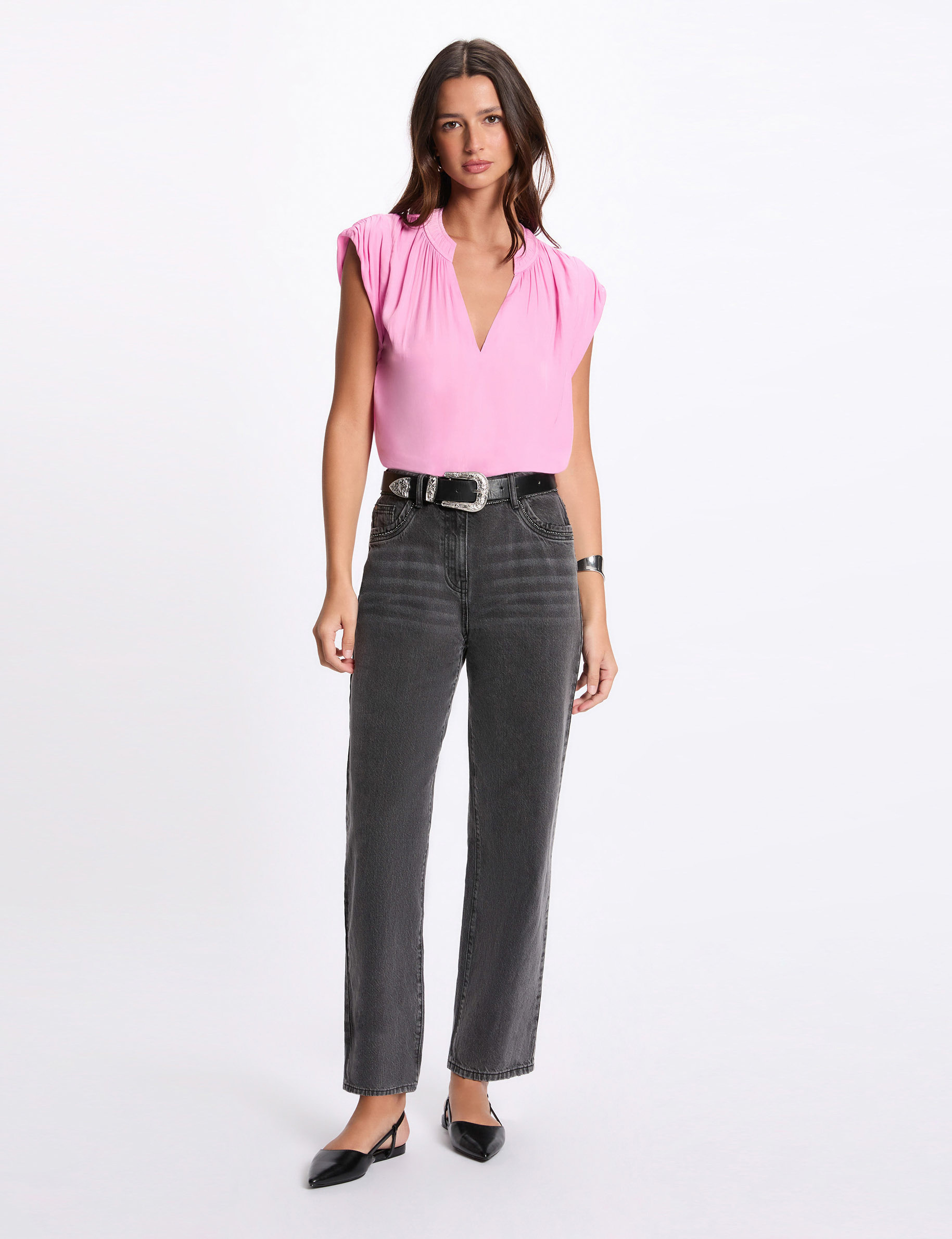 Satin short-sleeved blouse pink women