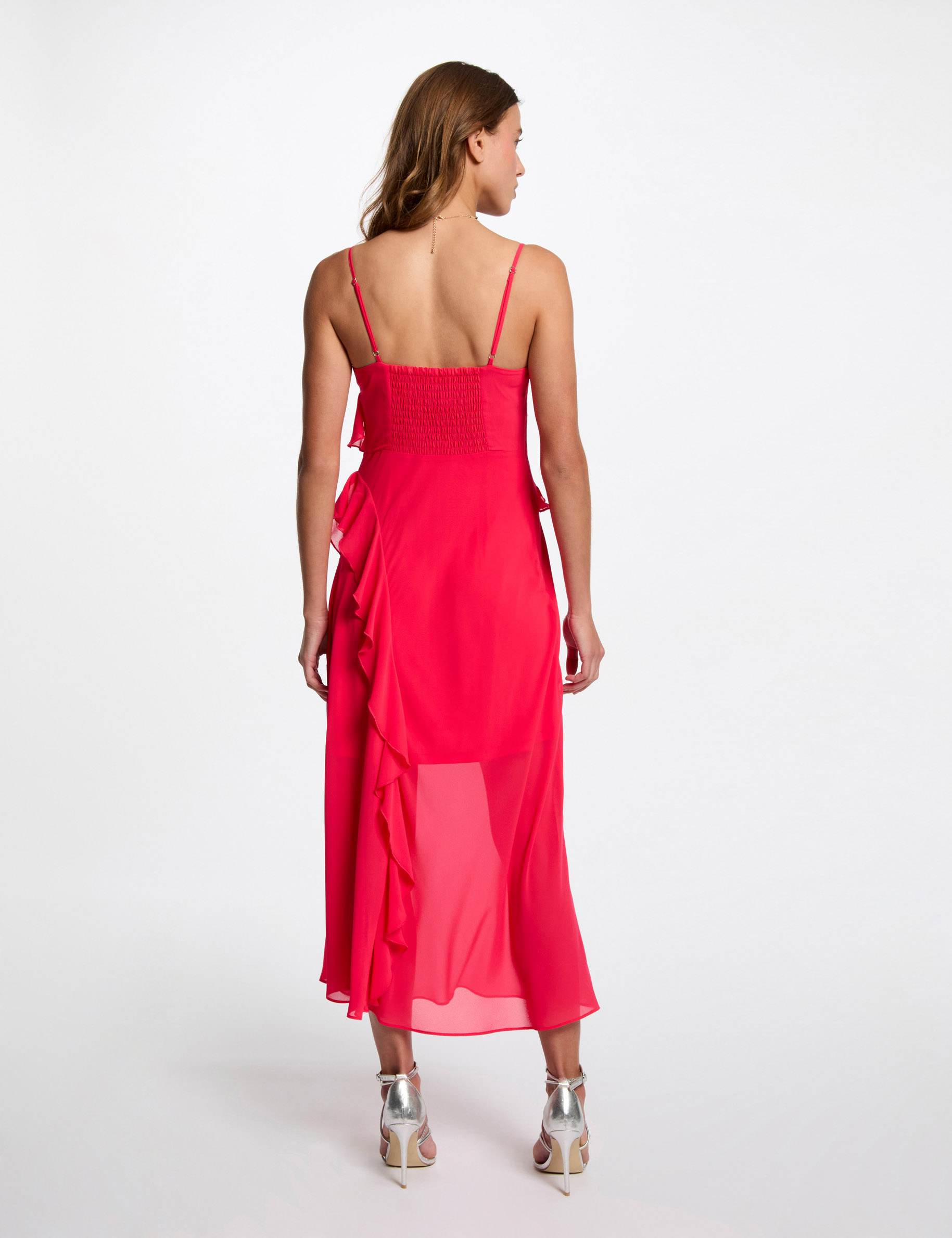 Robe midi ajustée volants rose fushia femme
