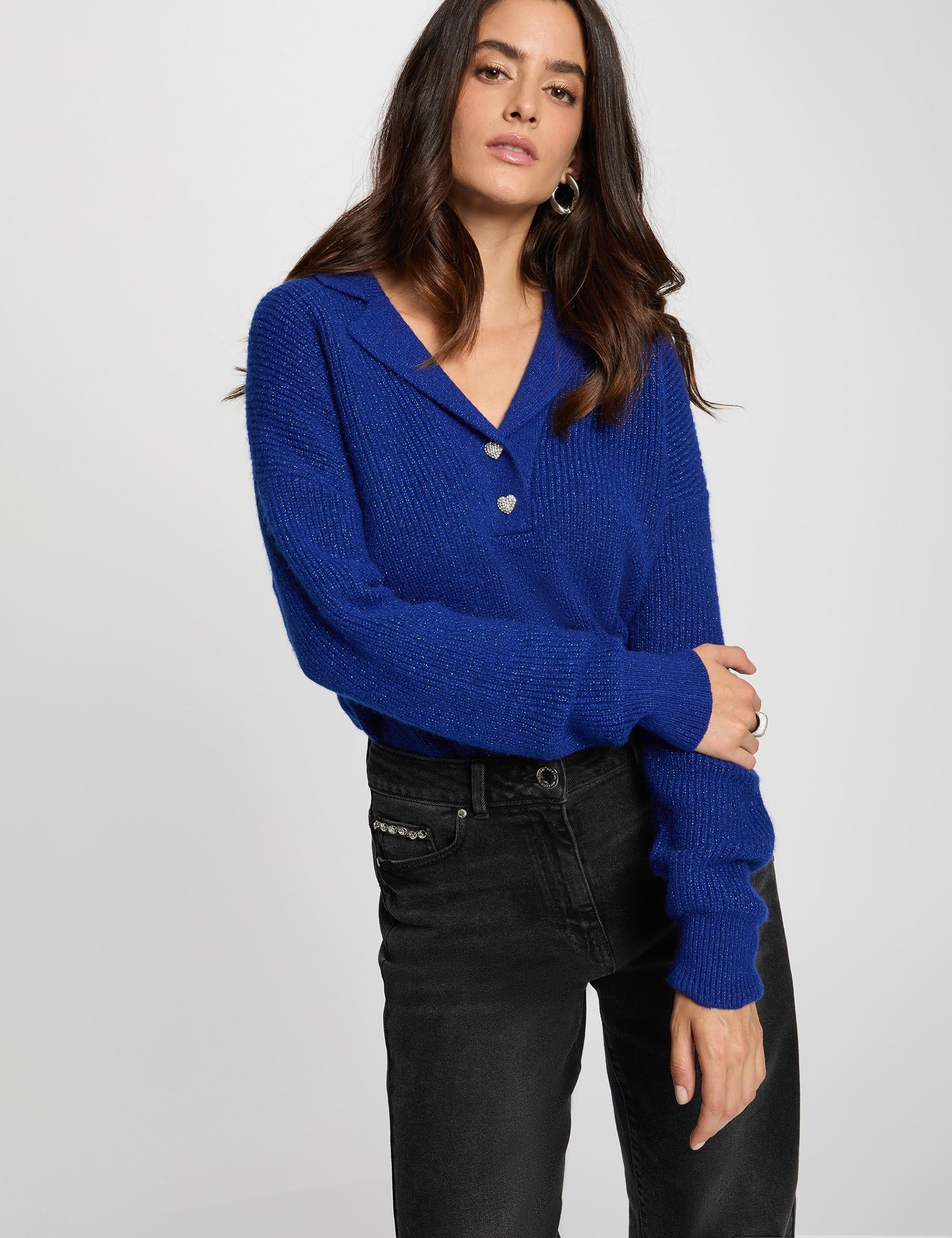 cropped sweater with notched collar petroleum blue women Cropped sweater with notched collar petroleum blue women
