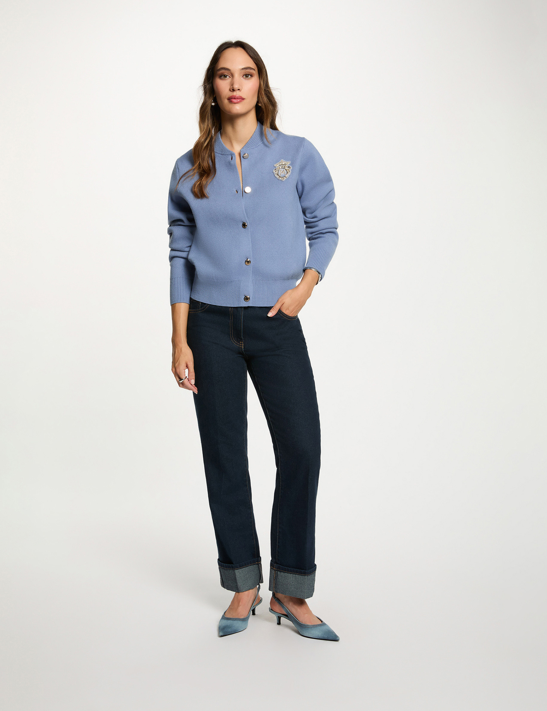 Straight jeans with rhinestones raw denim women