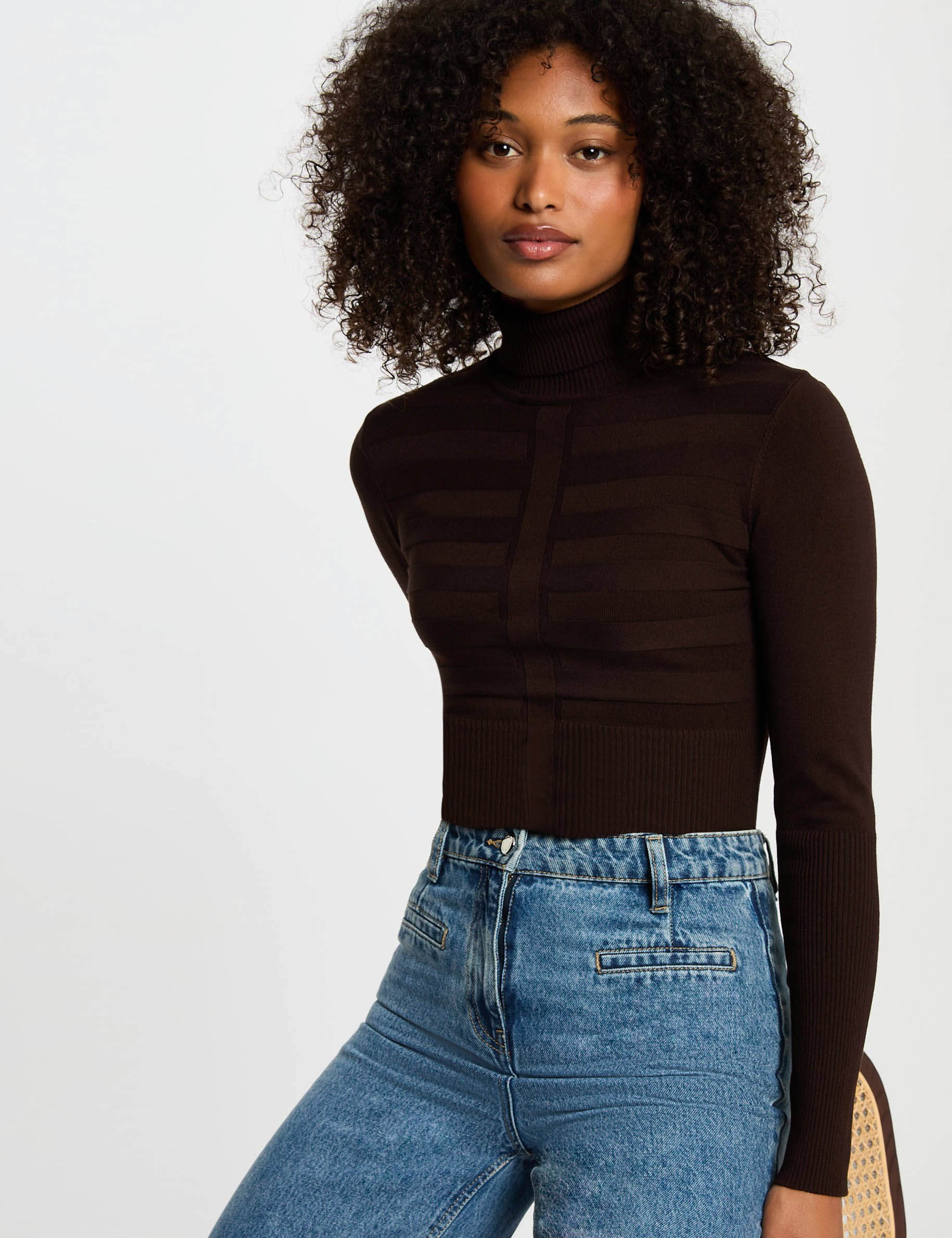 Fitted high neck sweater dark brown women