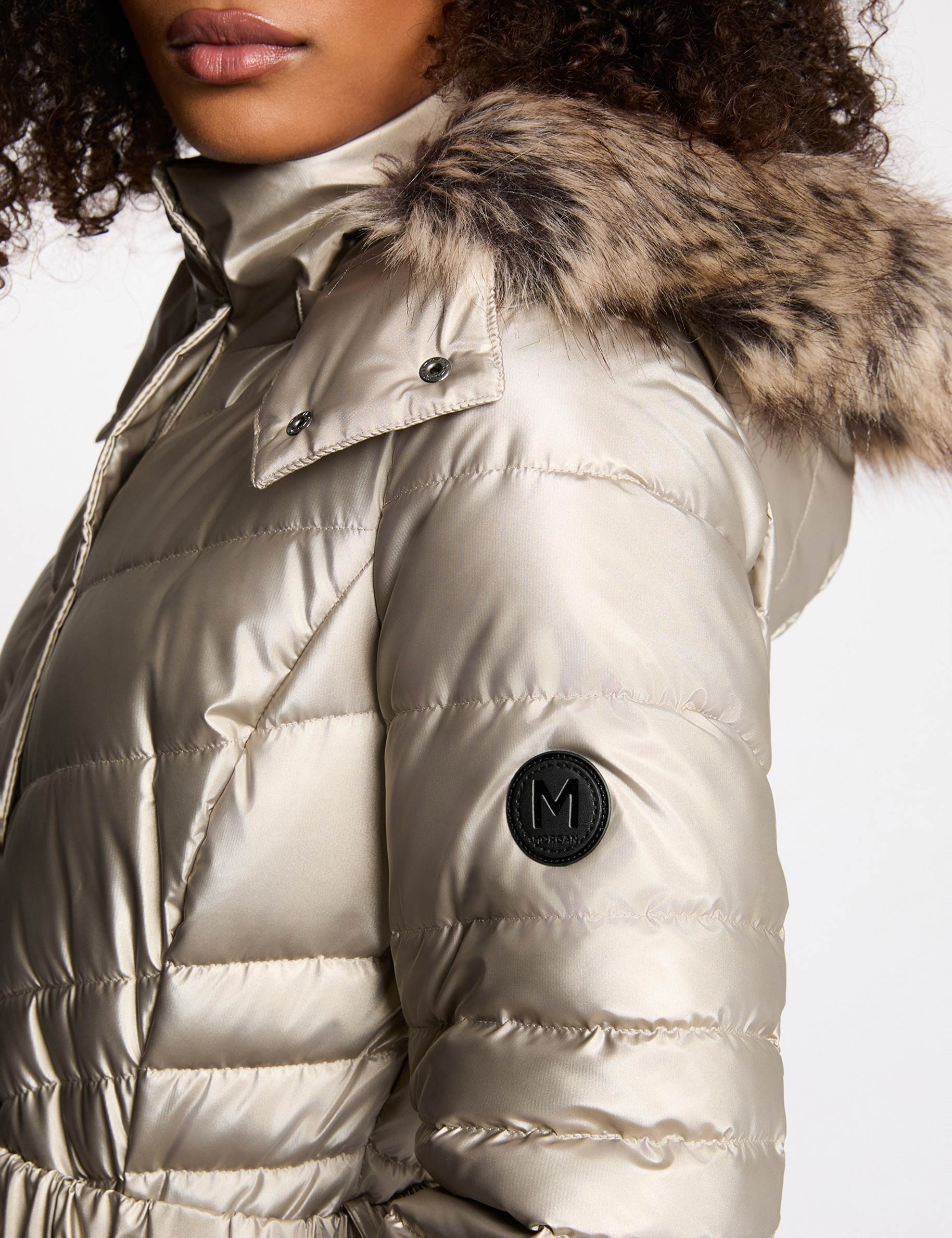 Fitted mid-length puffer jacket gold yellow women