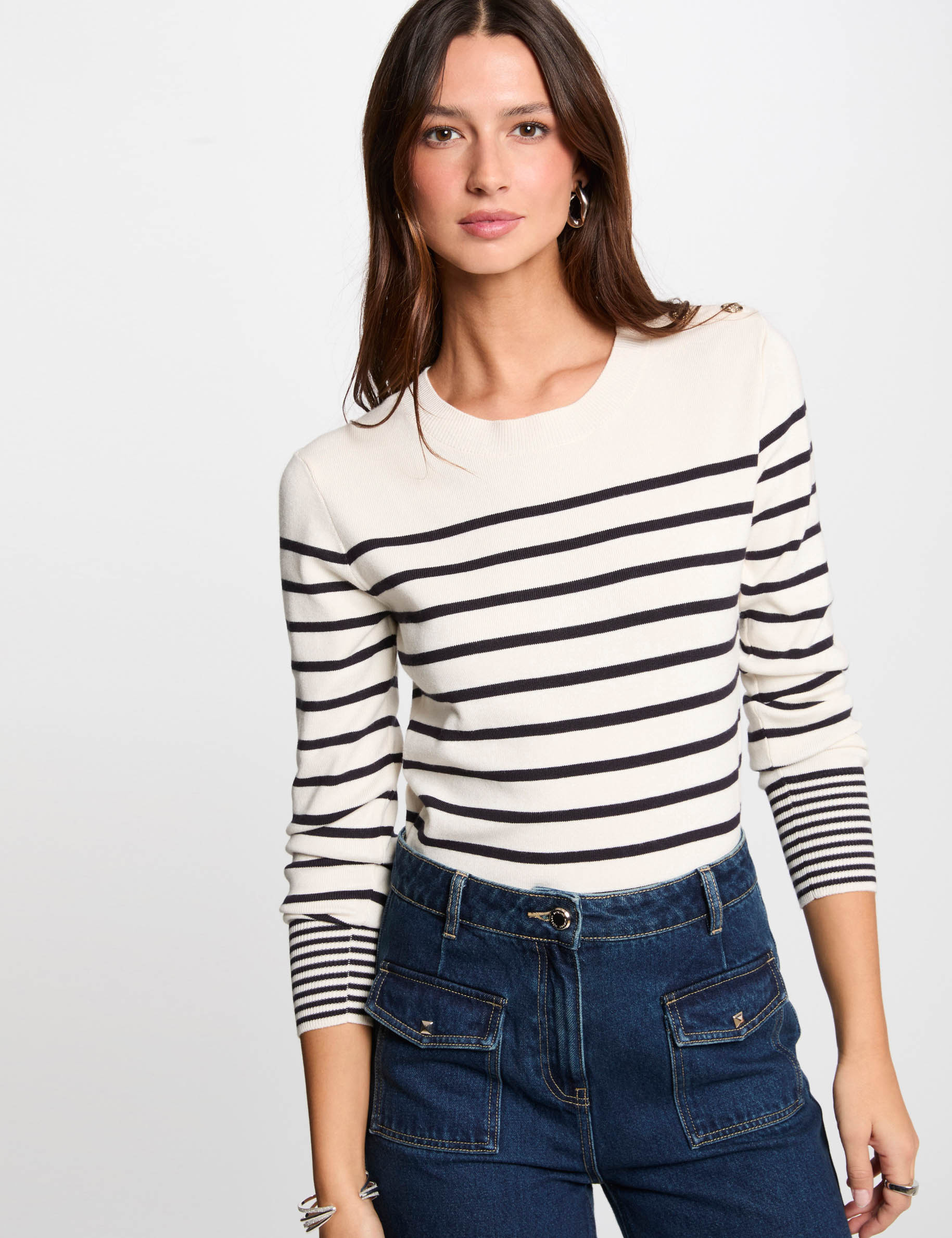 long sleeved jumper with stripes ecru women Long-sleeved jumper with stripes ecru women