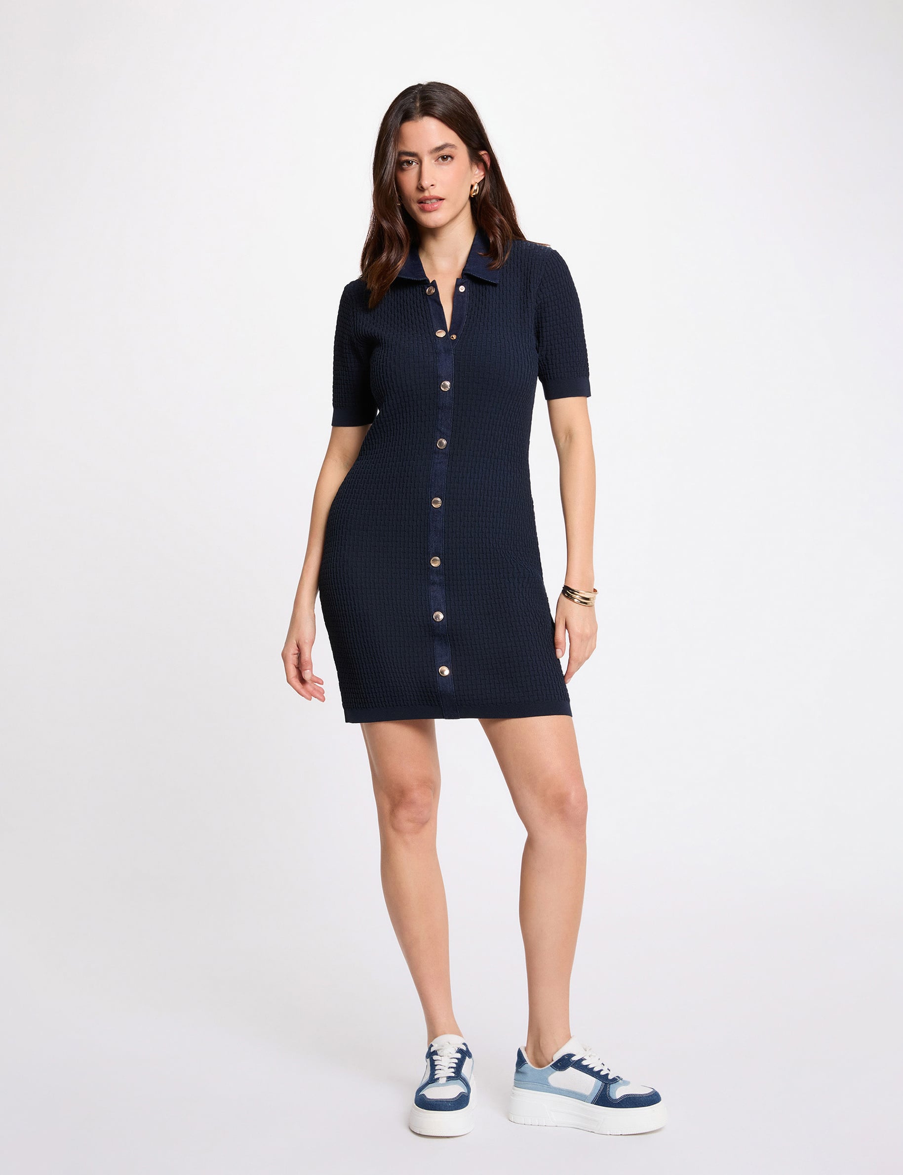 Fitted short knit dress navy blue women