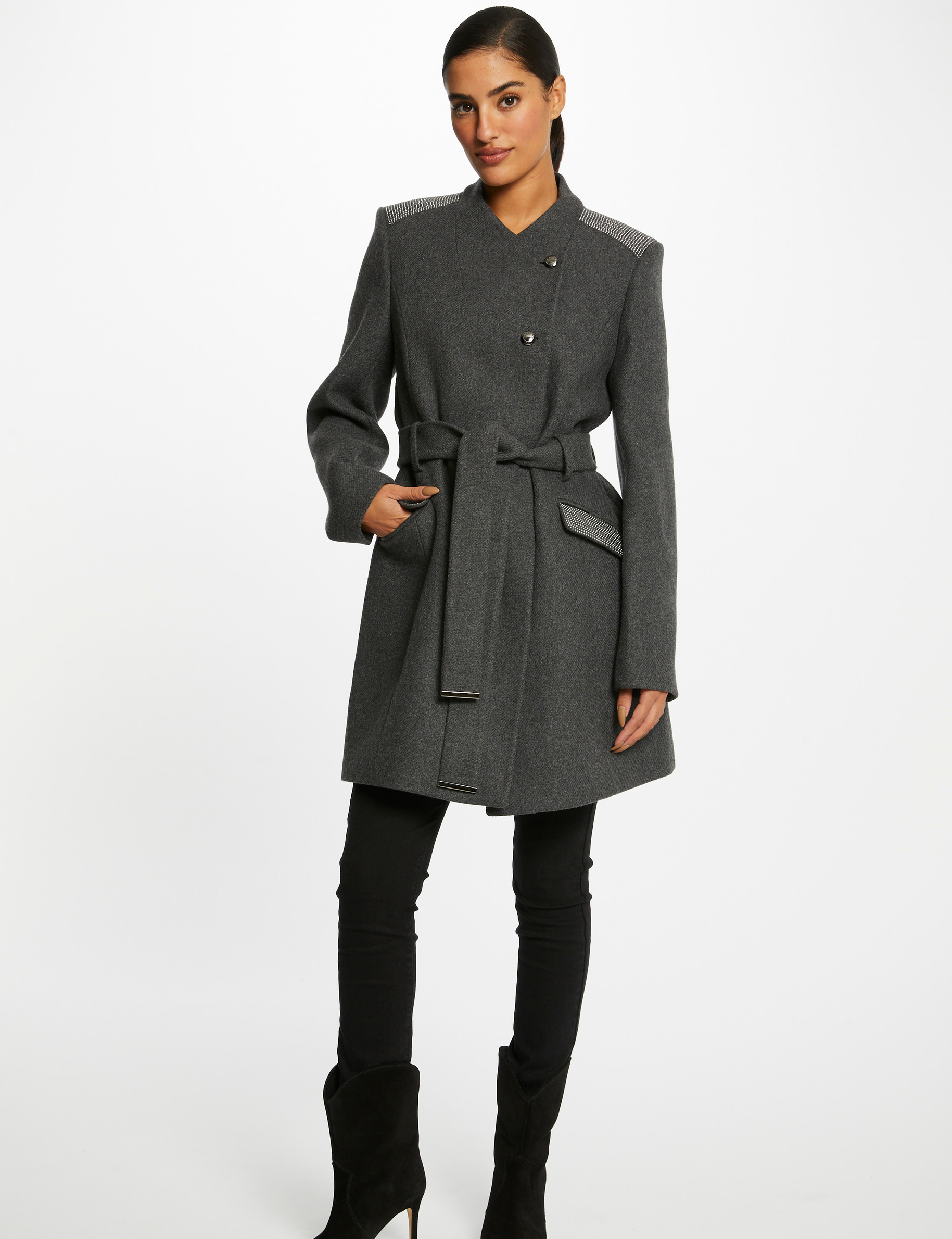 Straight belted coat anthracite grey ladies'