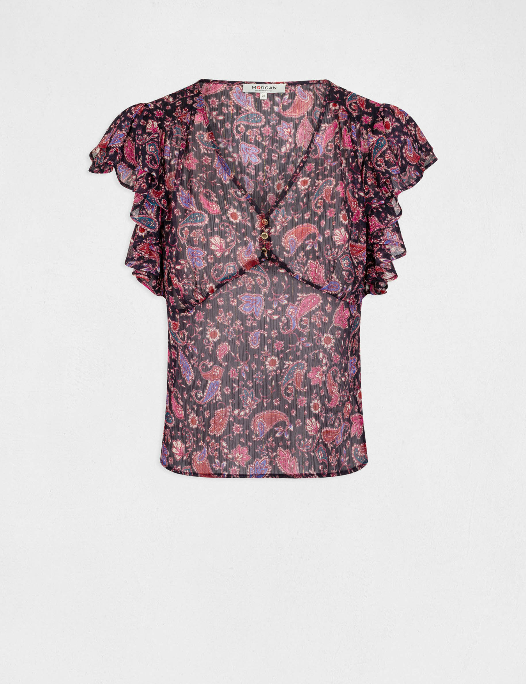 Short-sleeved blouse paisley print navy ladies'