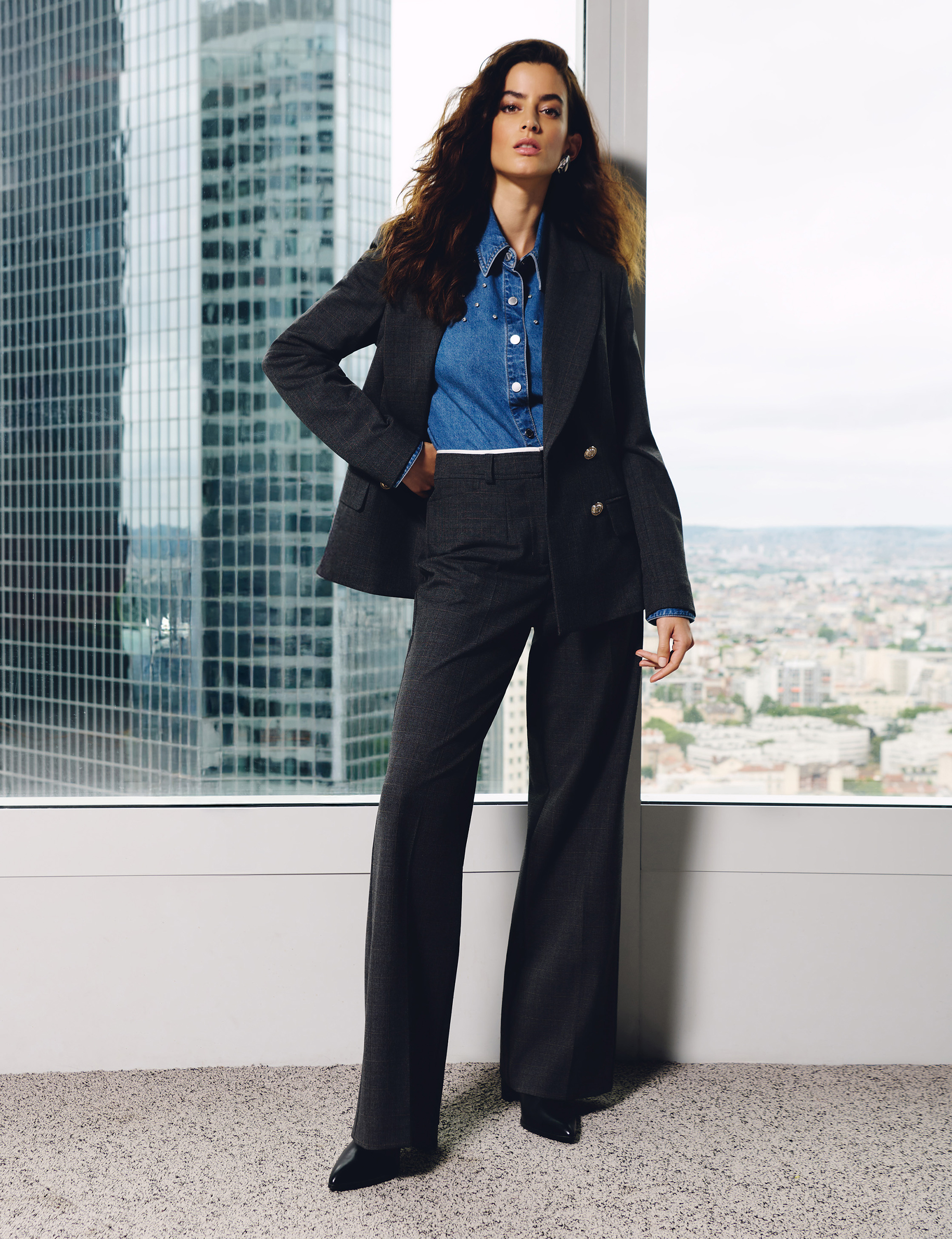 Checked straight-cut blazer mid-grey women