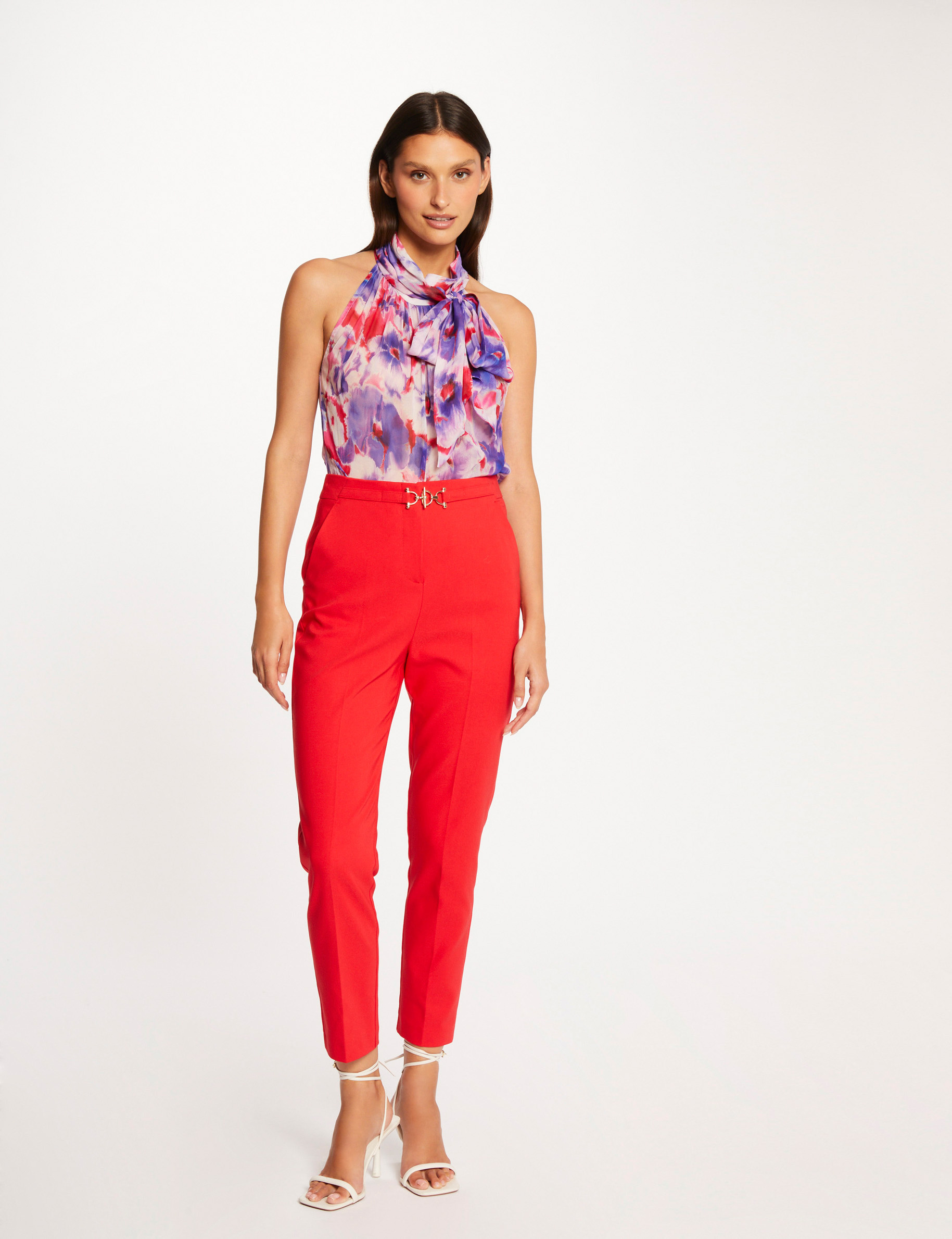 Fitted city trousers buckle and darts red ladies'