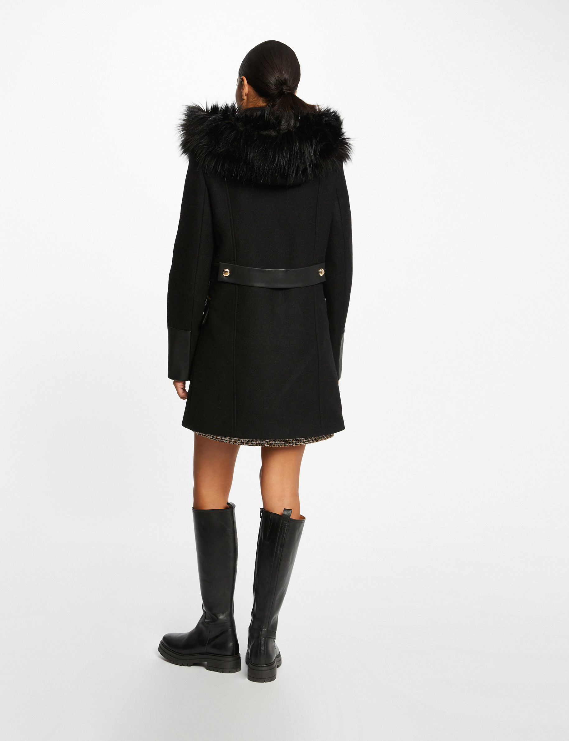 Straight zipped coat with hood black ladies'