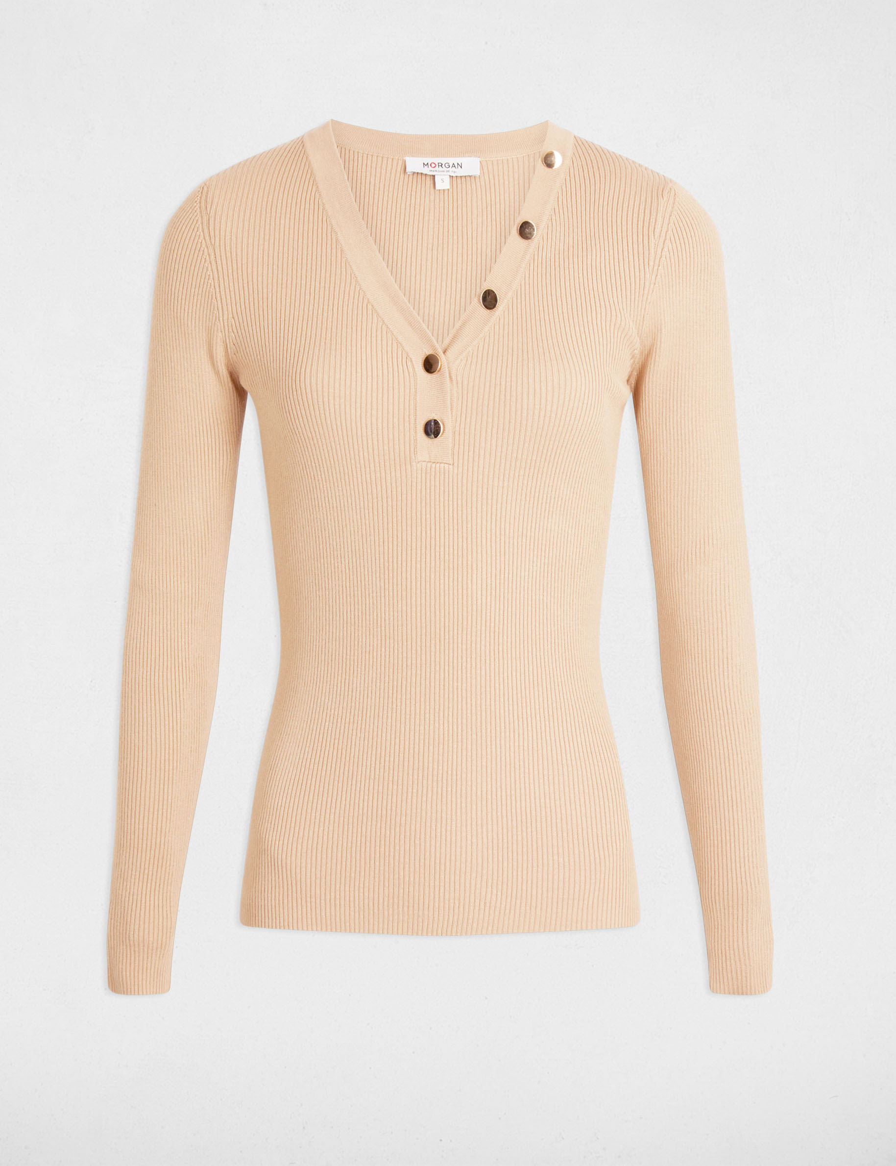 Fitted V-neck sweater light brown women