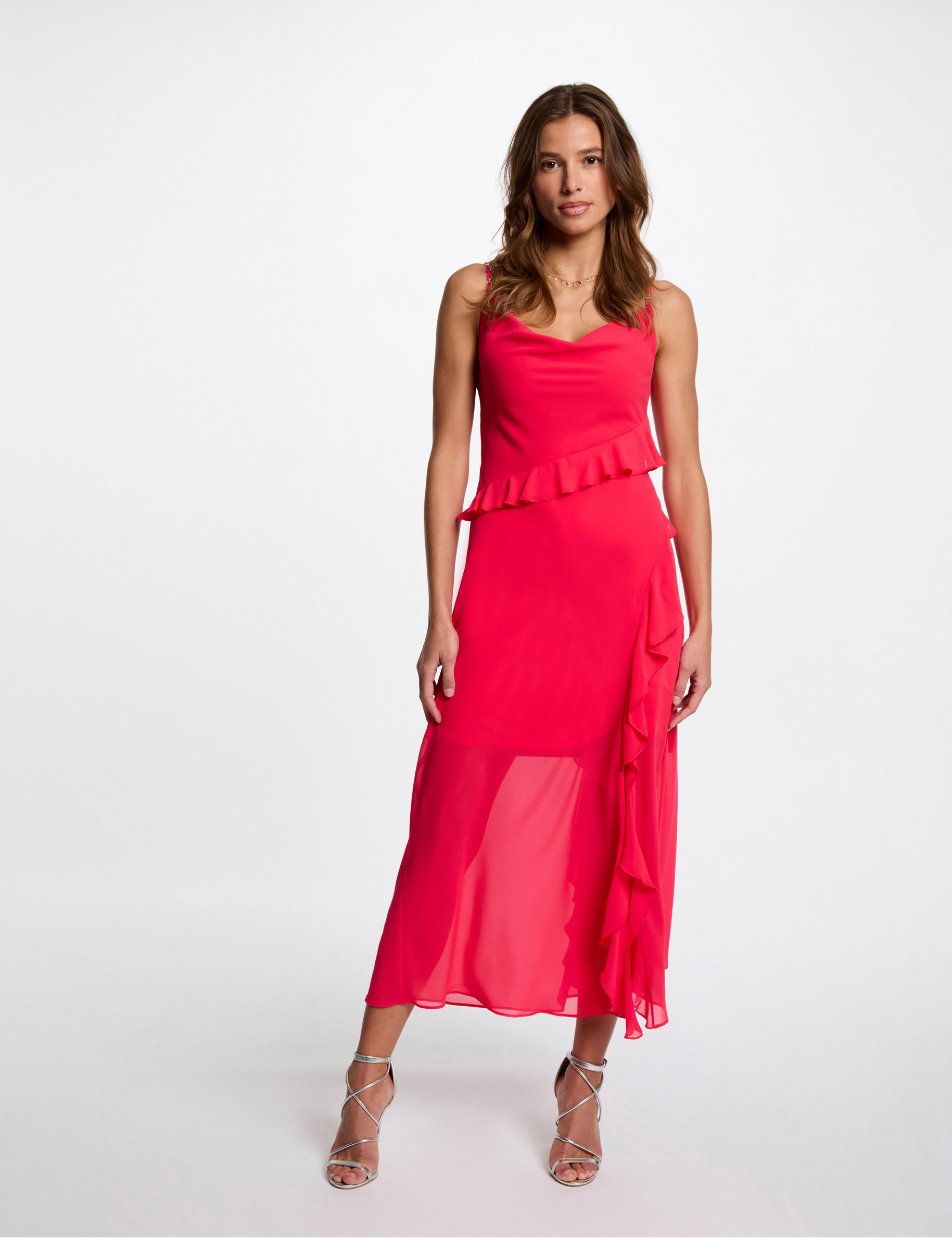 Fitted midi dress ruffles fuchsia pink women