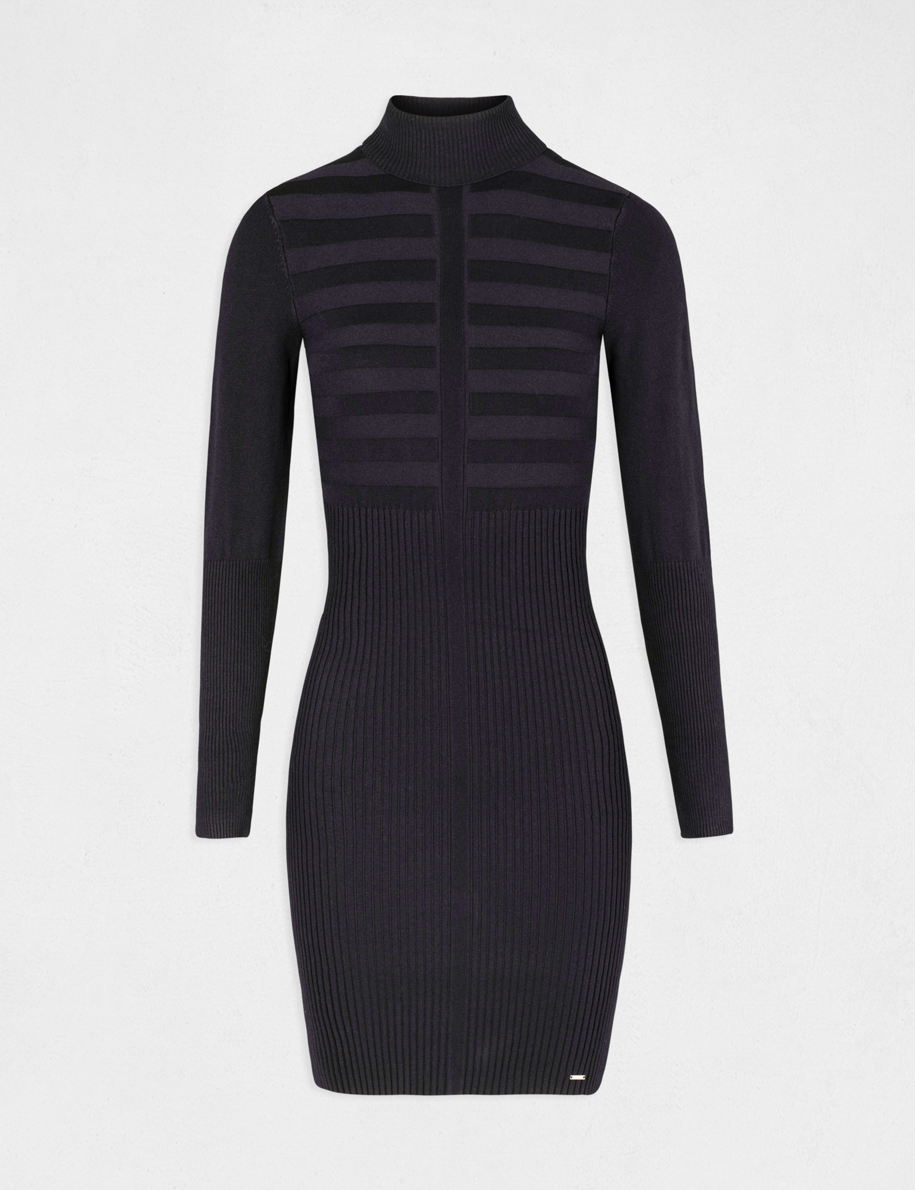 Knitted fitted dress with turtleneck navy blue women