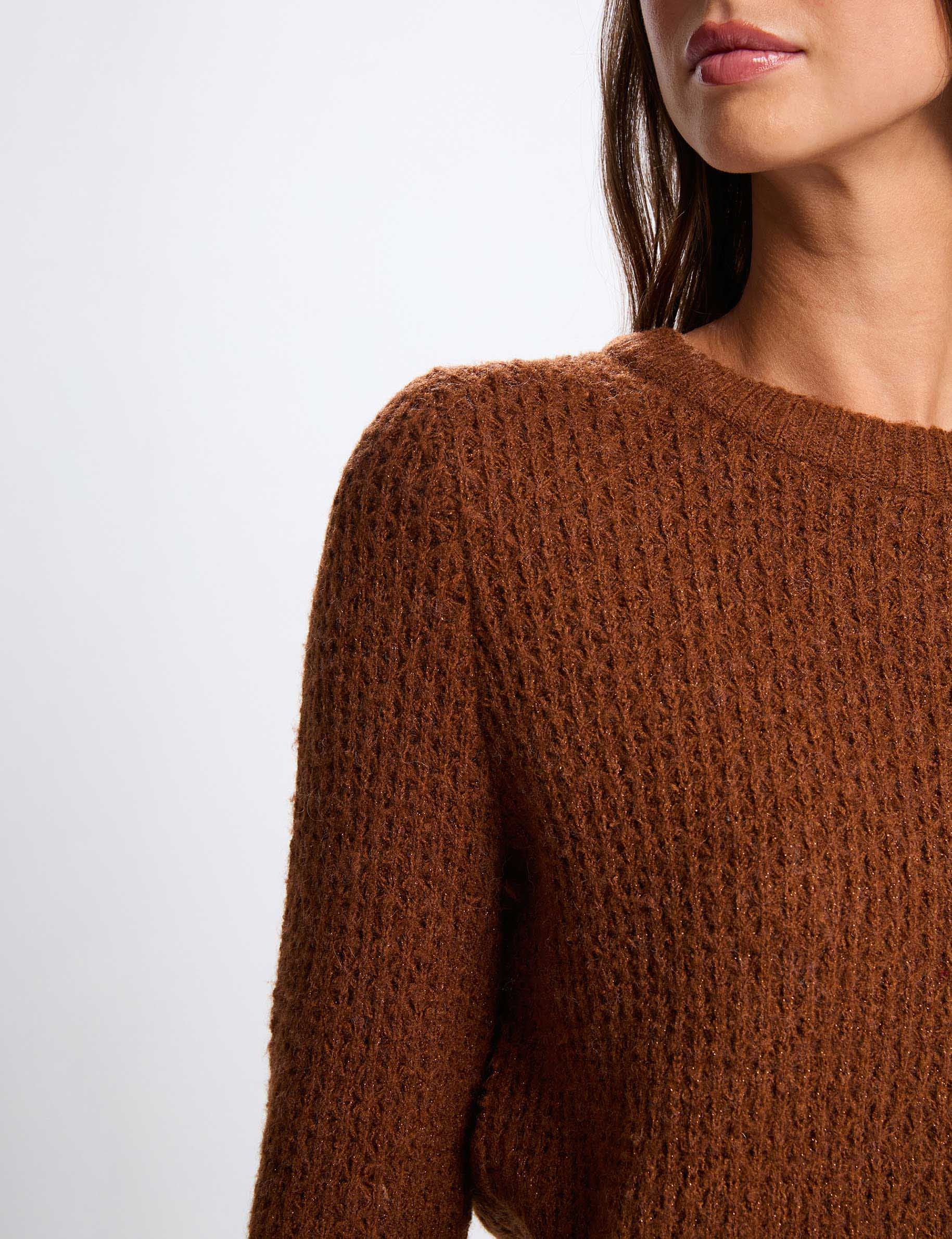 Jumper round neck long sleeves cognac brown women