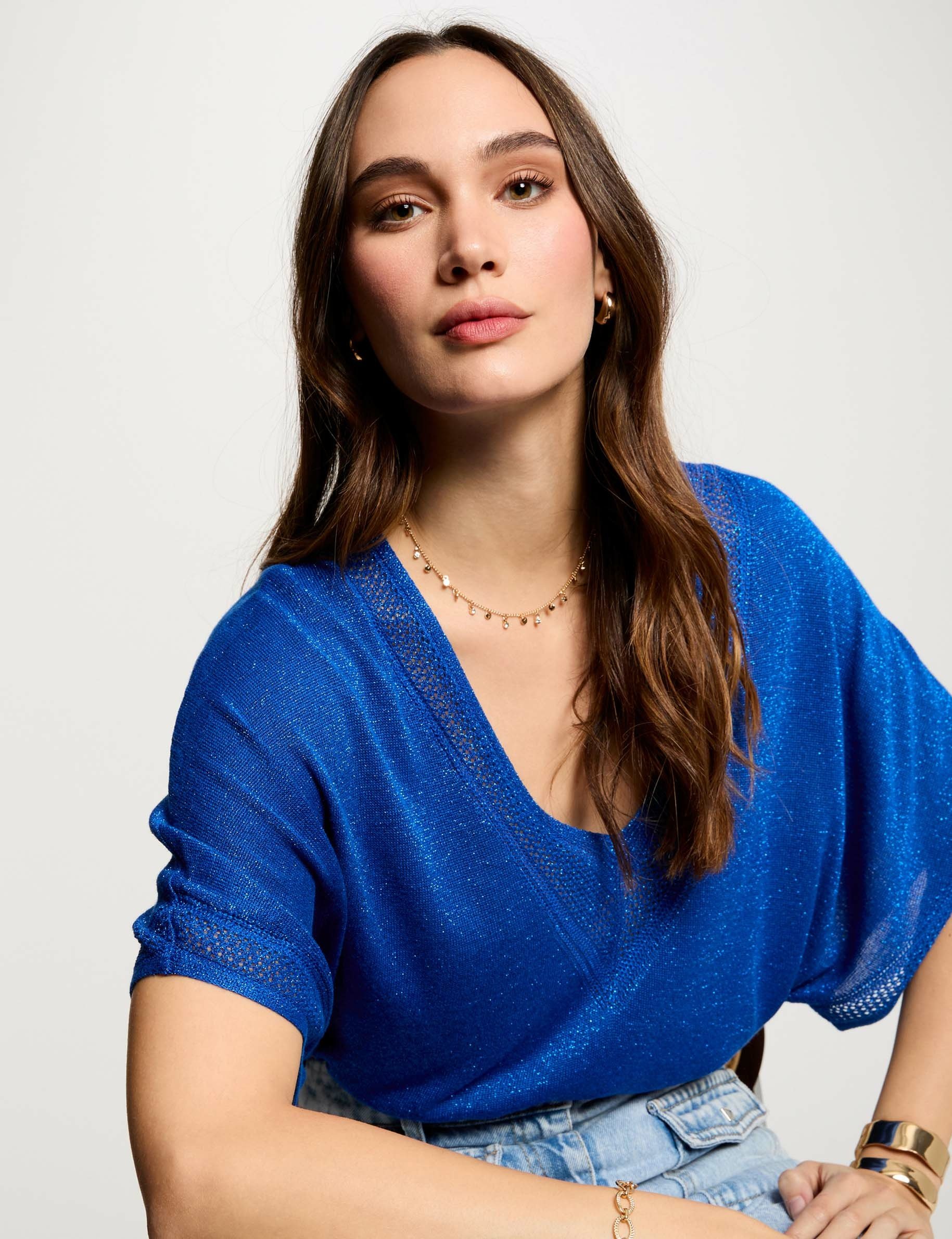 jumper v neck short sleeves electric blue women Jumper V-neck short sleeves electric blue women