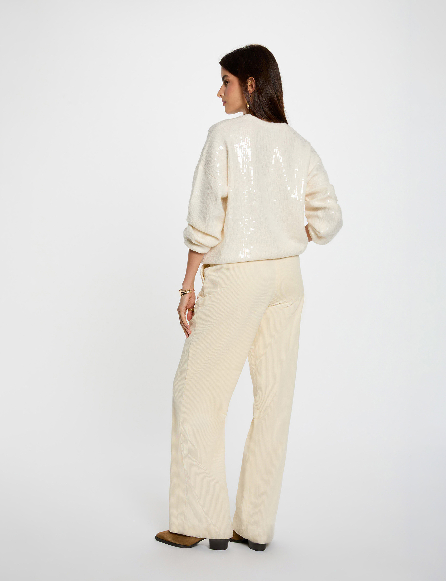 Sequin sweater with round neck ivory women