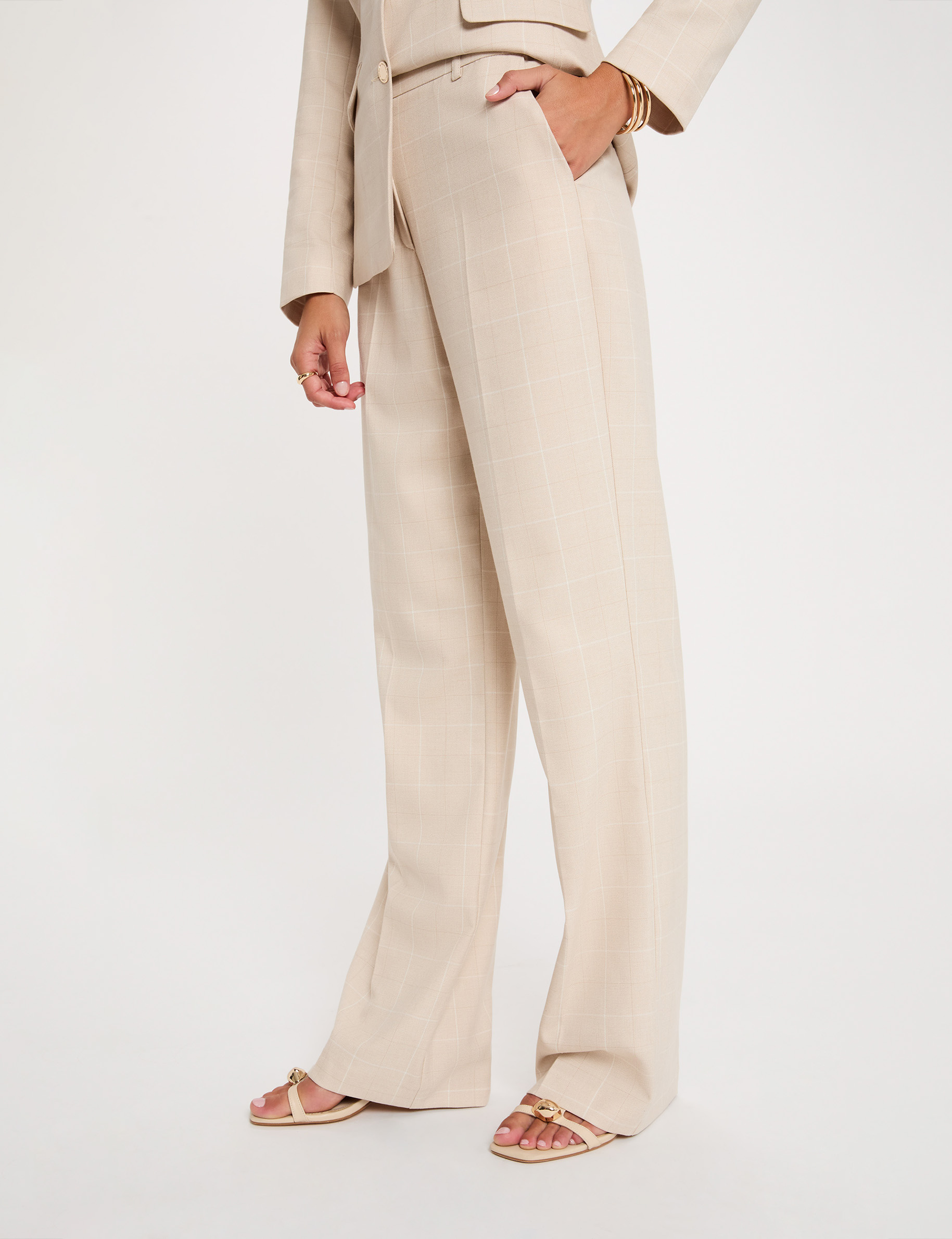 High-waisted straight trousers beige women