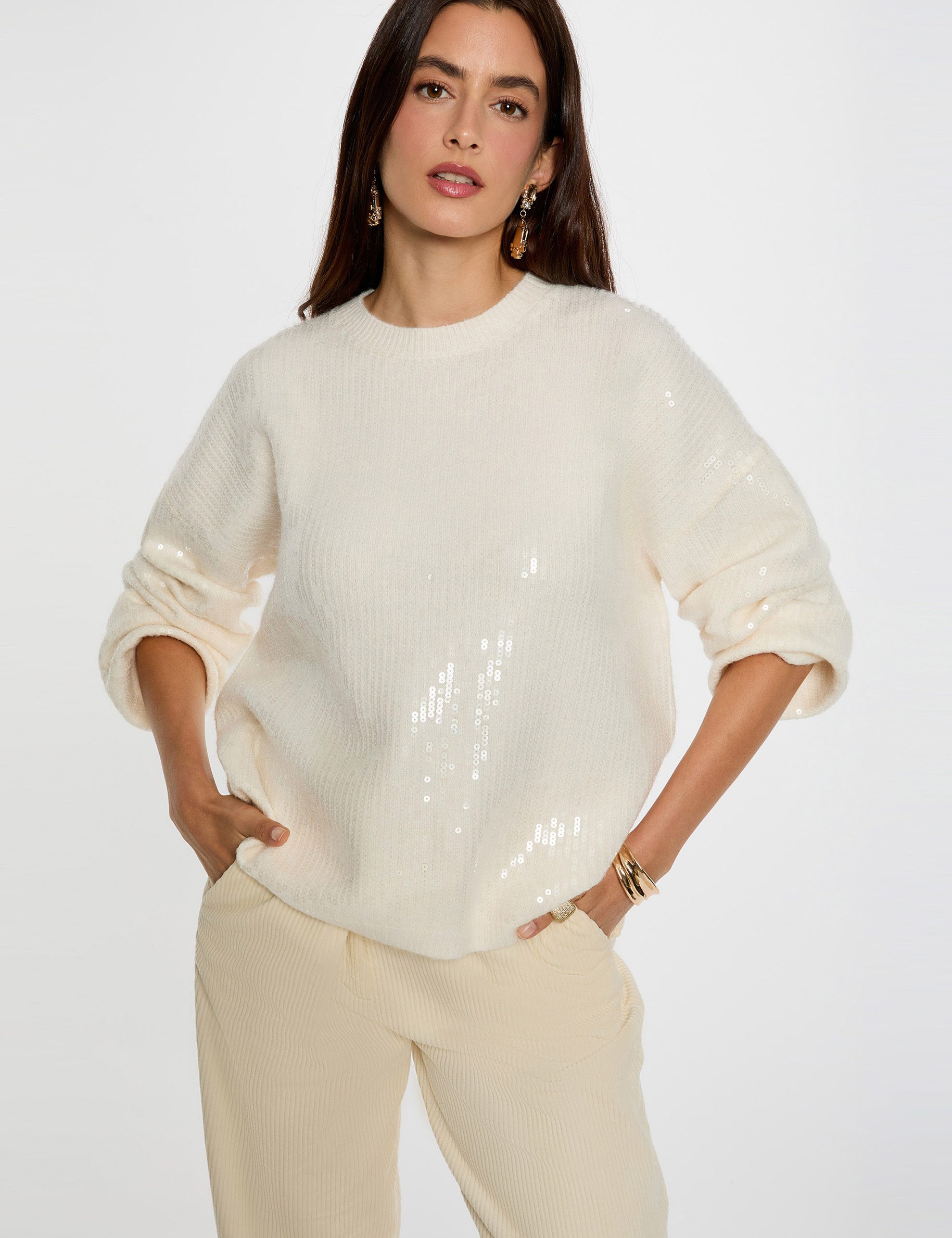 Sequin sweater with round neck ivory women