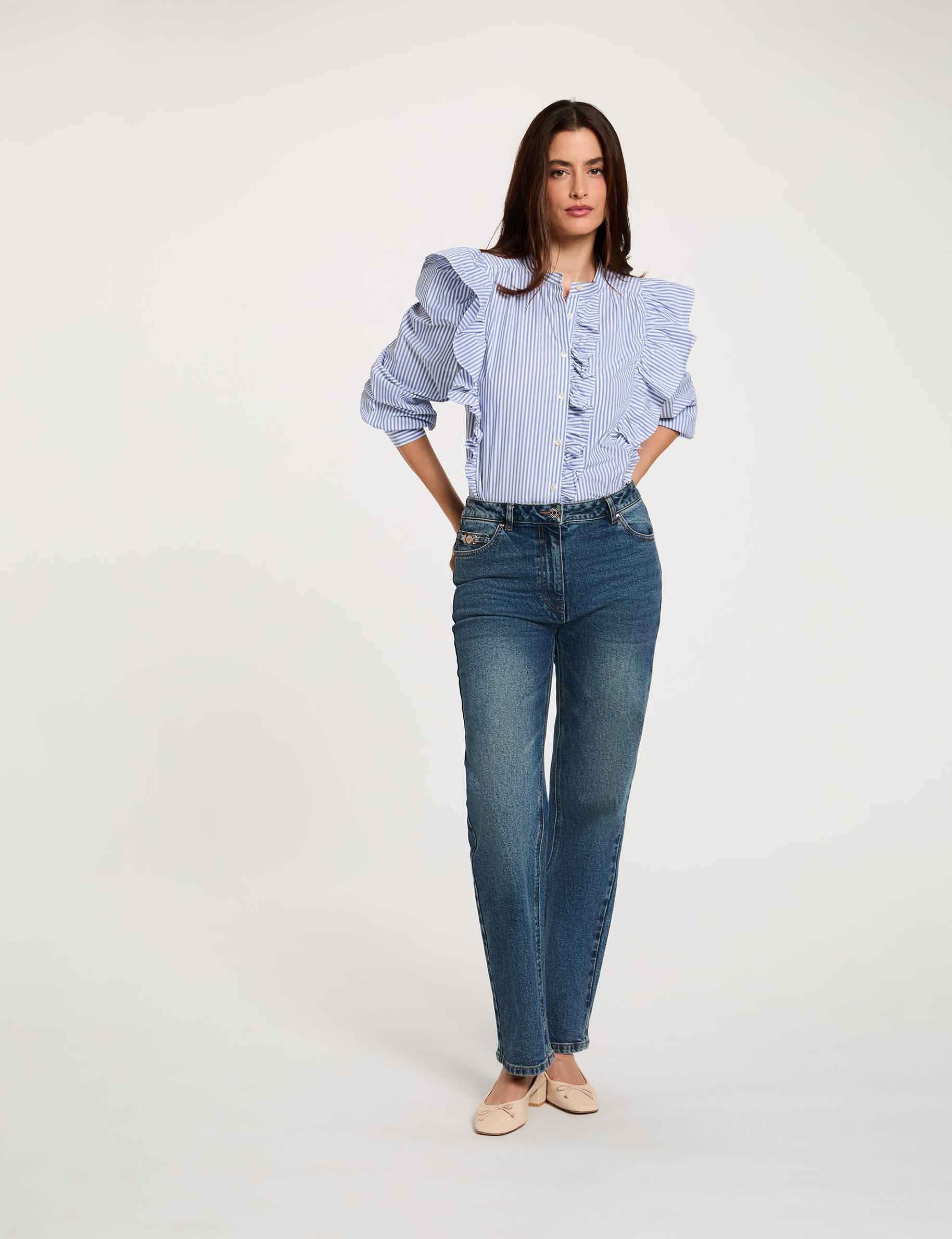 Striped shirt with mandarin collar sky blue women