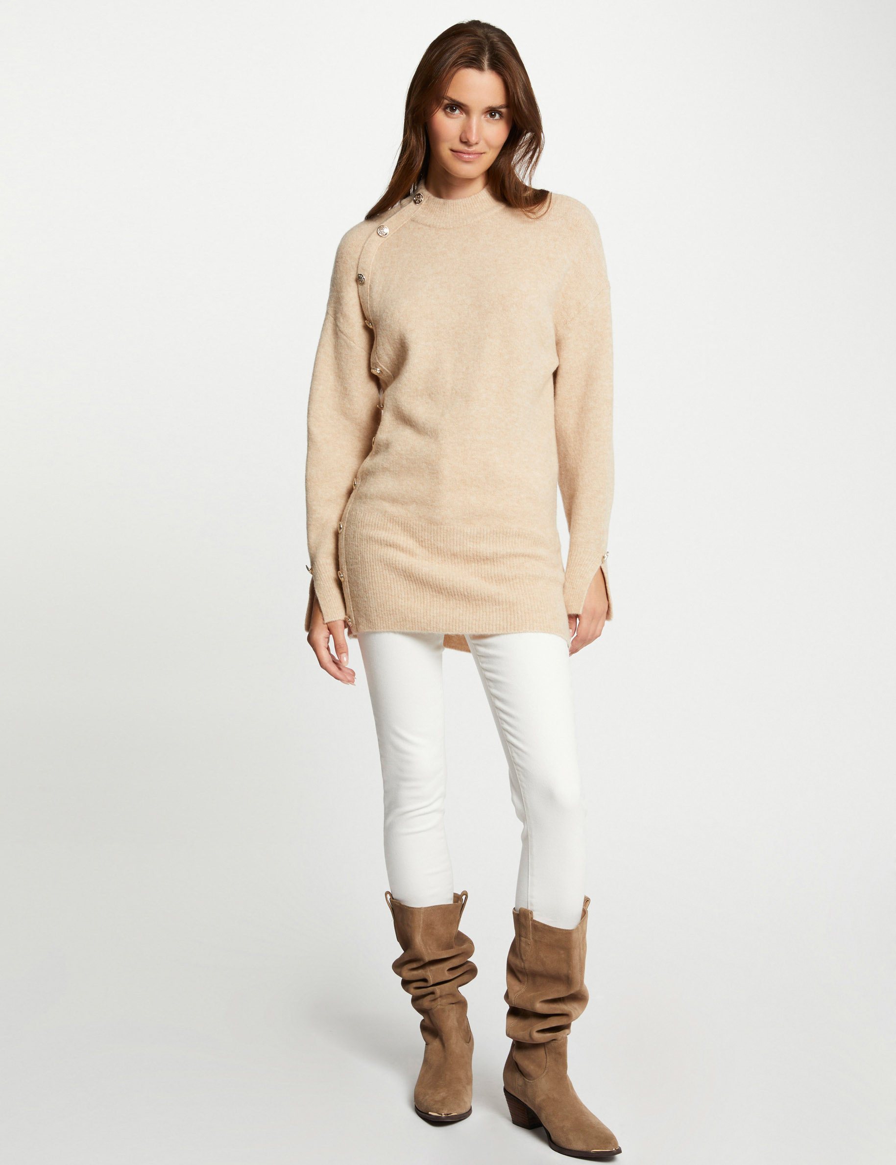 Pull oversize manches longues beige femme