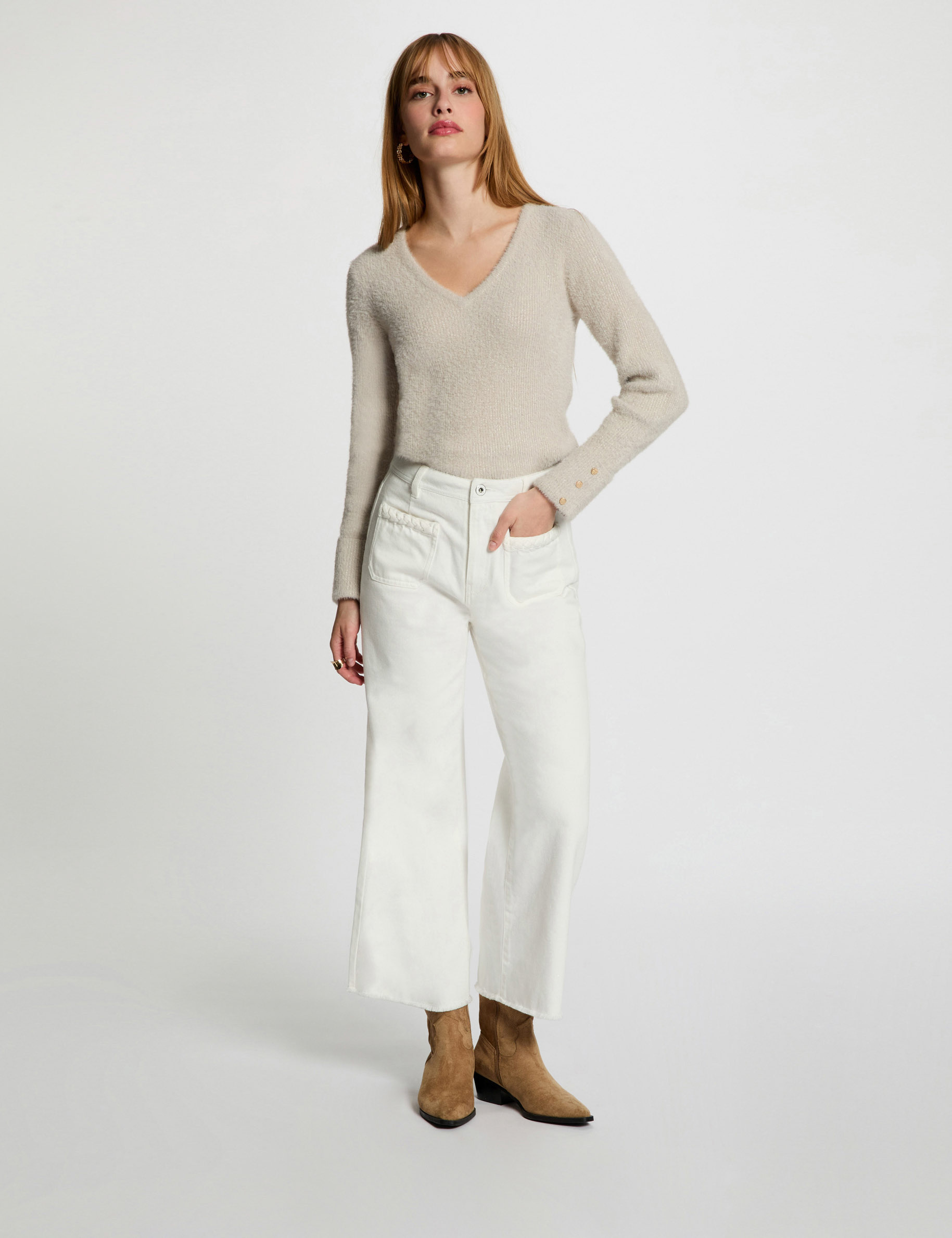 pull manches longues avec col en v sable femme Pull manches longues avec col en V sable femme