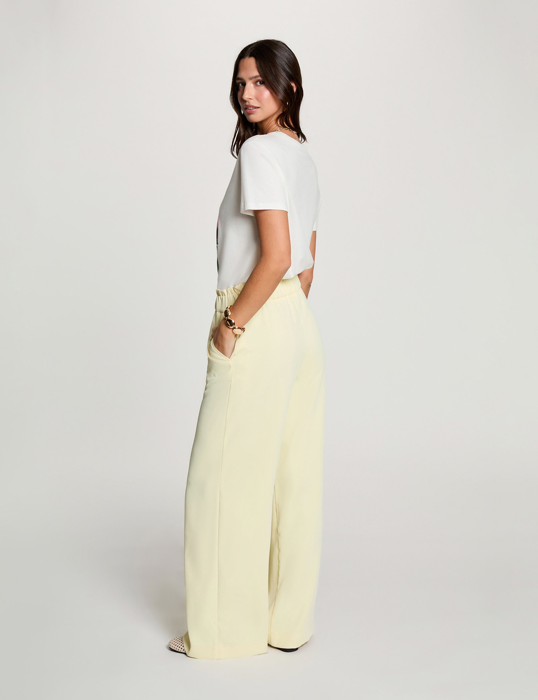 Wide leg trousers pastel yellow women
