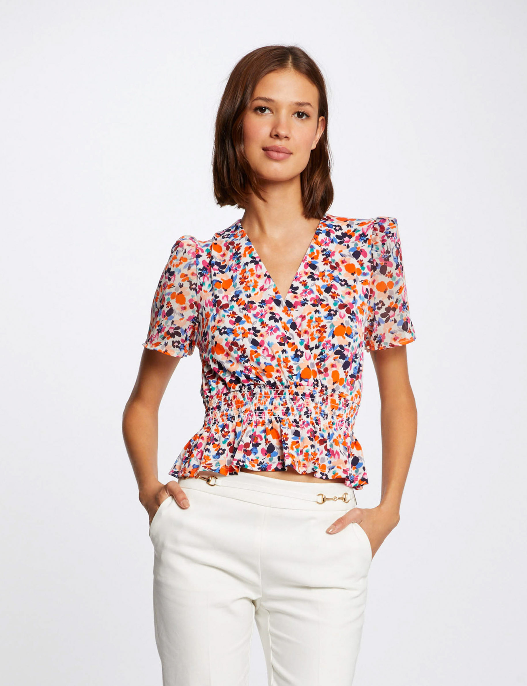 Short-sleeved t-shirt floral print ecru ladies'