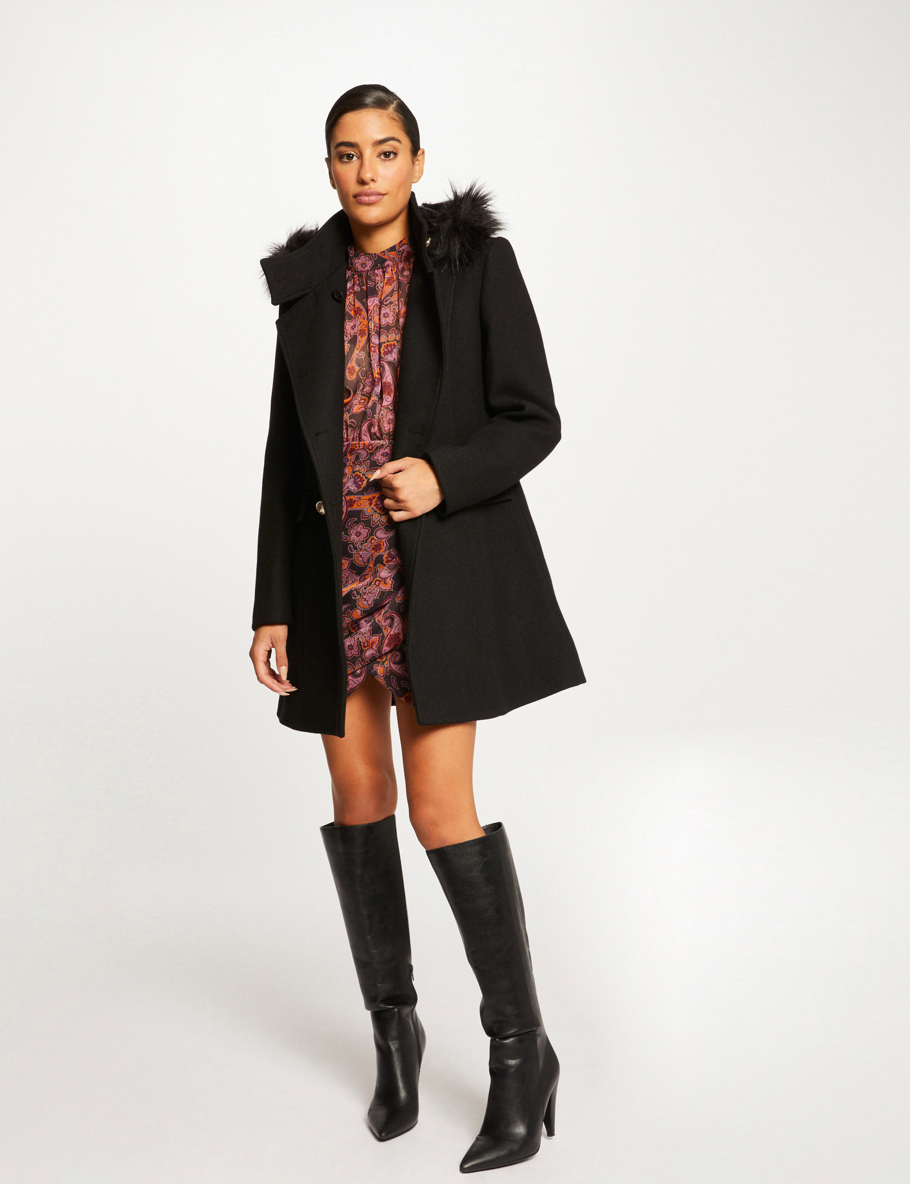 Loose buttoned coat with hood black ladies'